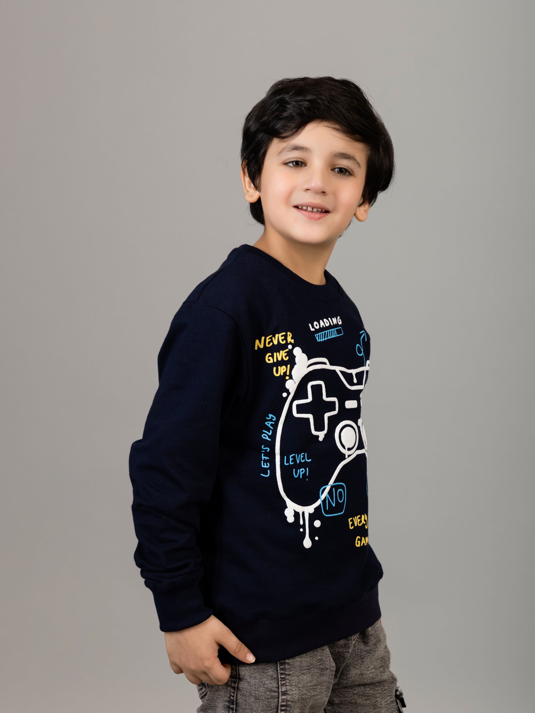 Boys Navy Blue Game Controller Puff Print Sweatshirt