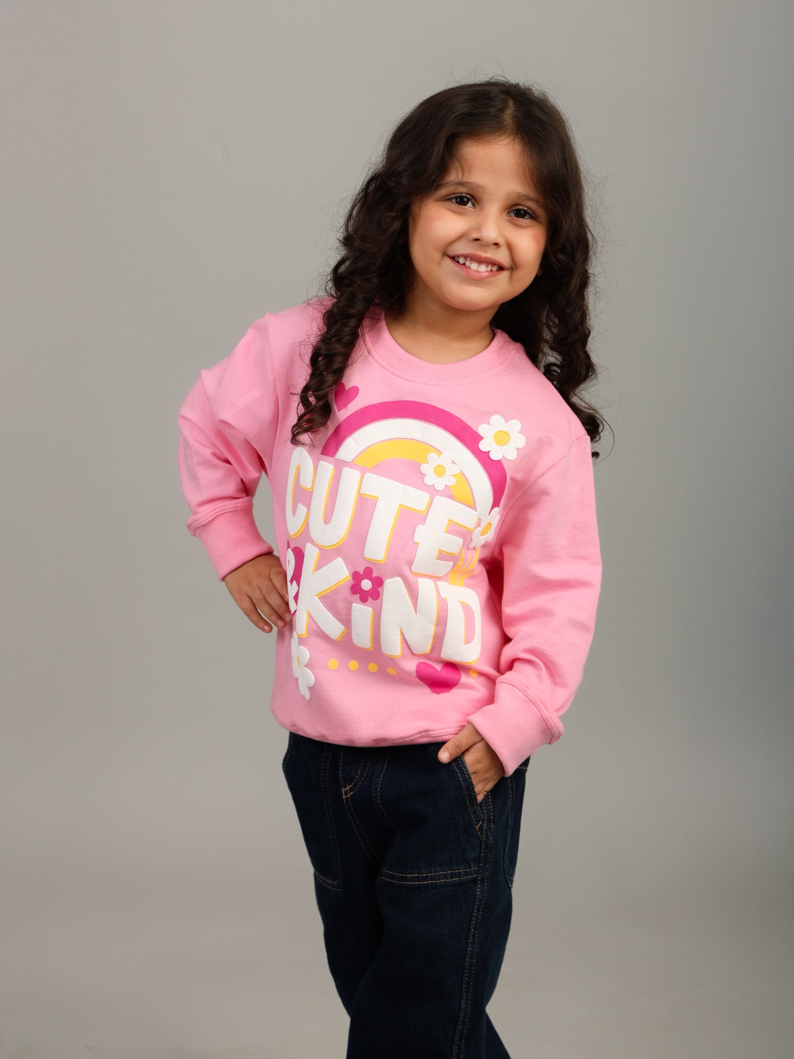 Girls Pink Cute & Kind Puff Print Sweatshirt