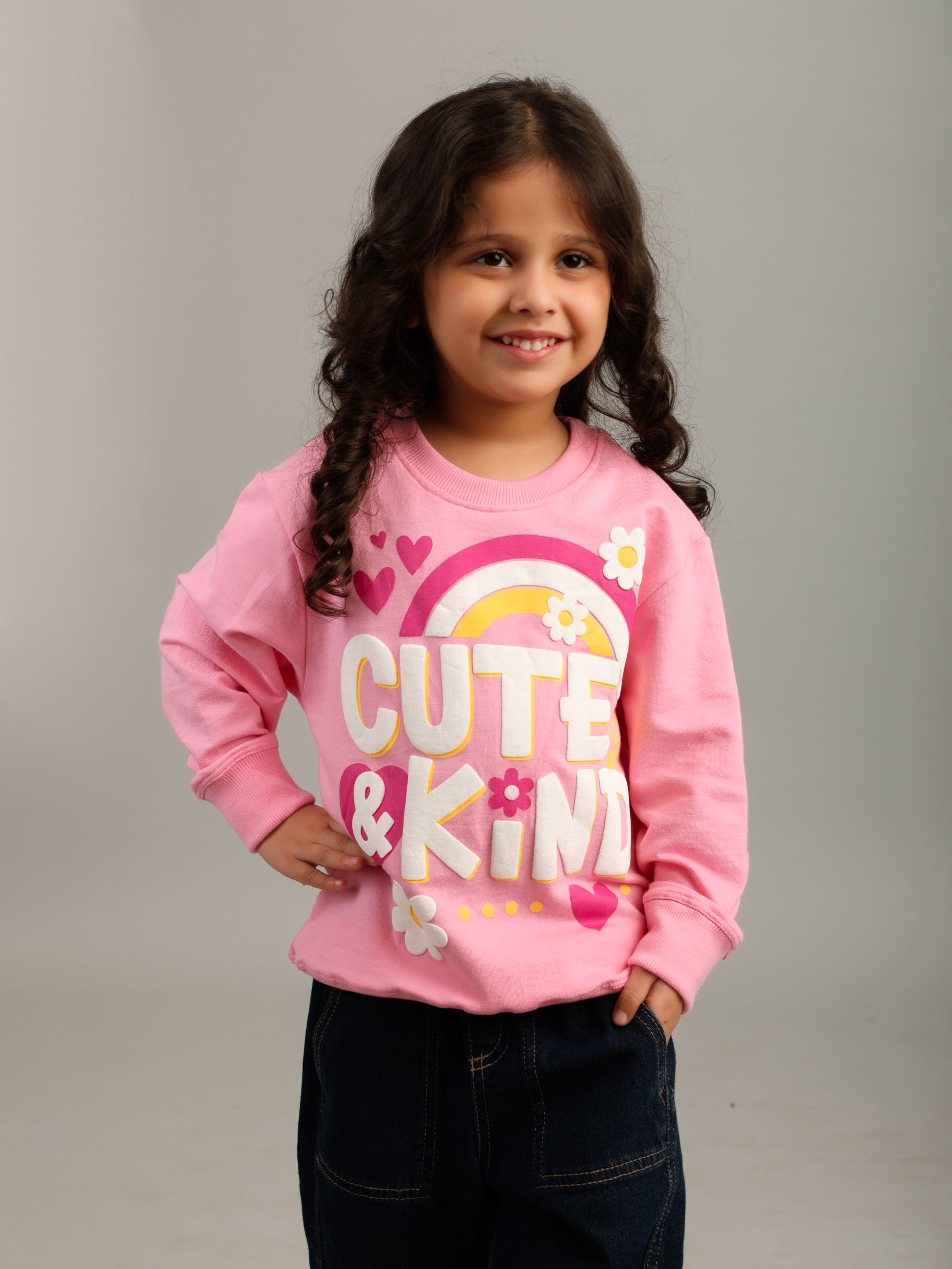 Girls Pink Cute & Kind Puff Print Sweatshirt