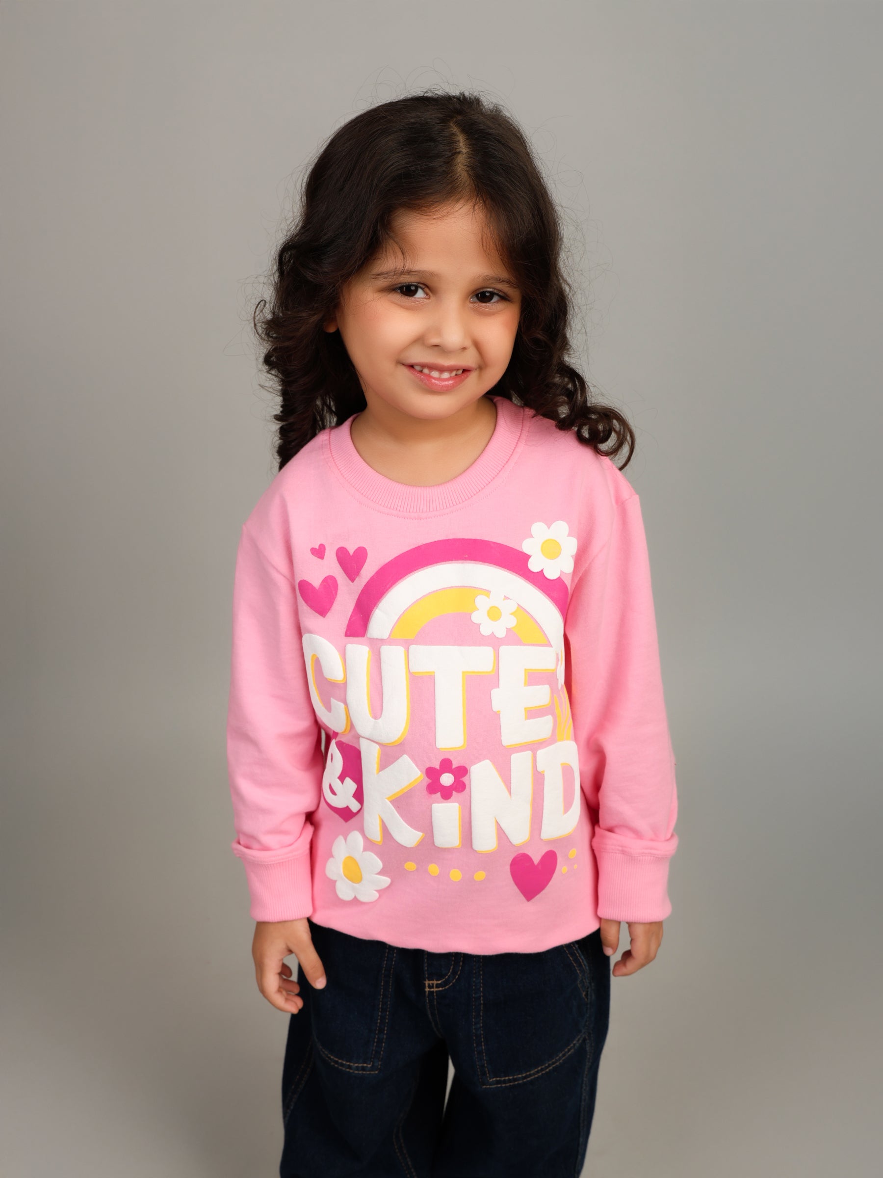 Girls Pink Cute & Kind Puff Print Sweatshirt