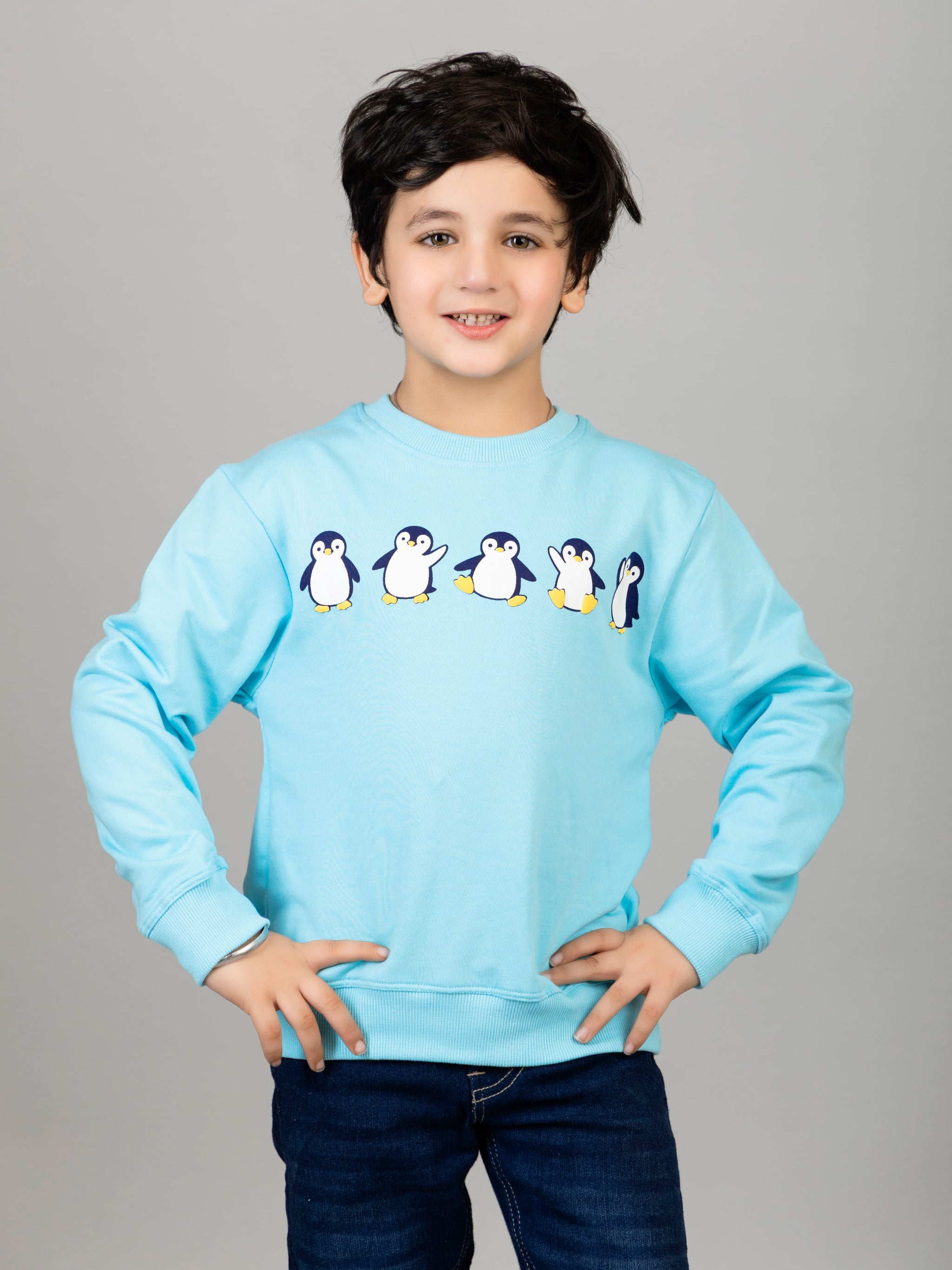 Boys Sky Blue Joyful Penguins Print Sweatshirt