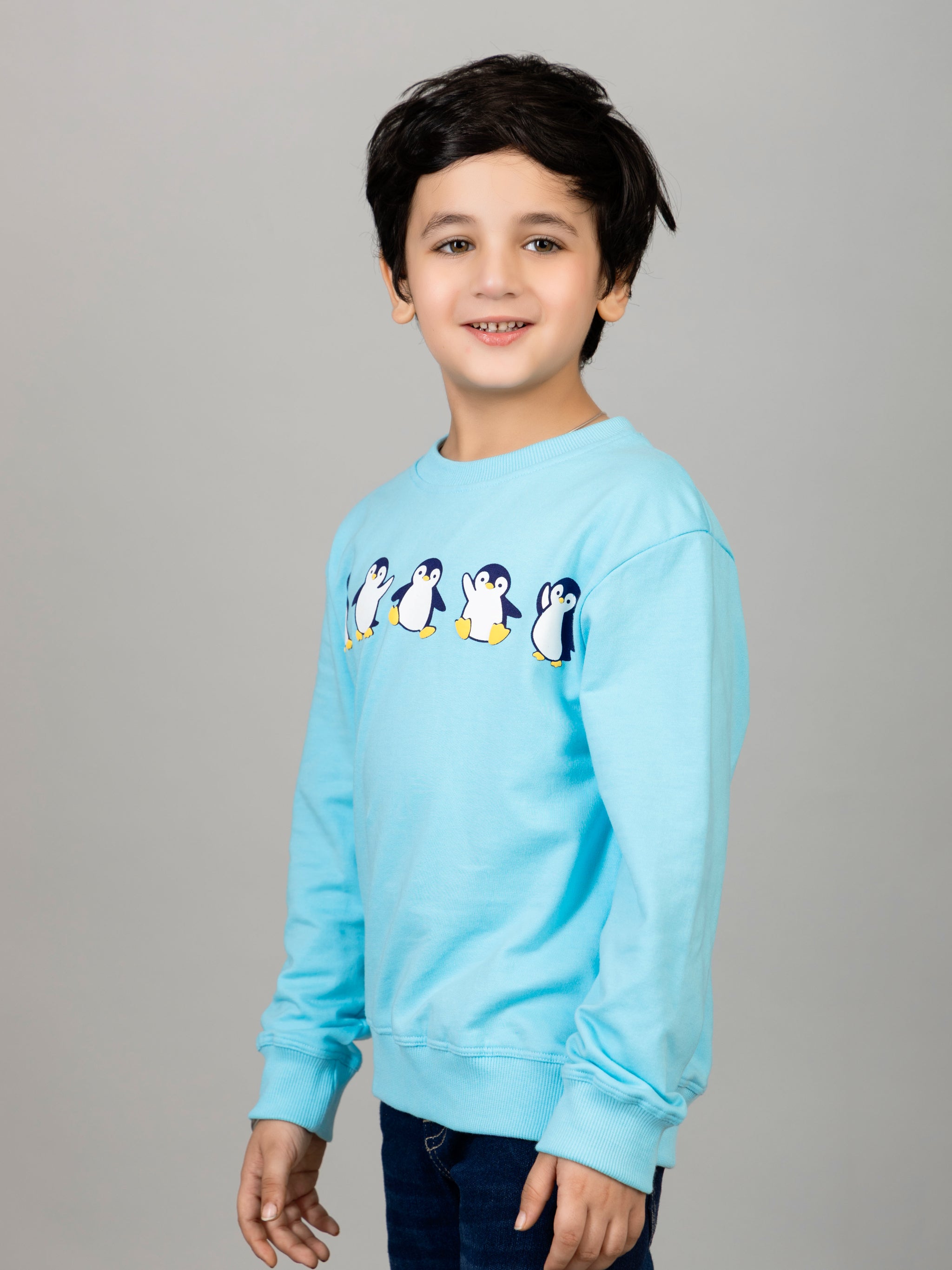 Boys Sky Blue Joyful Penguins Print Sweatshirt