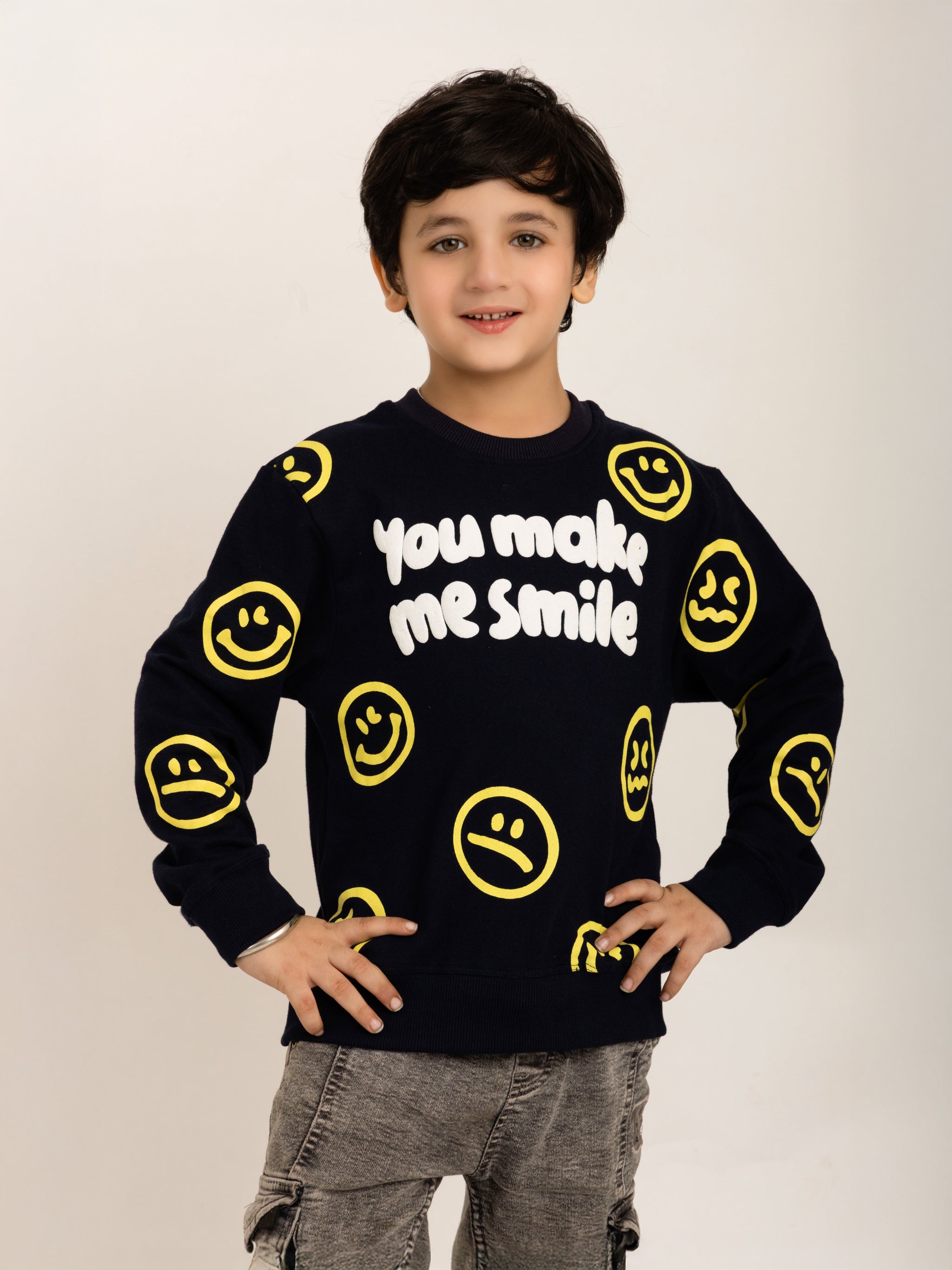 Boys Navy Blue All Over Smilies Sweatshirt