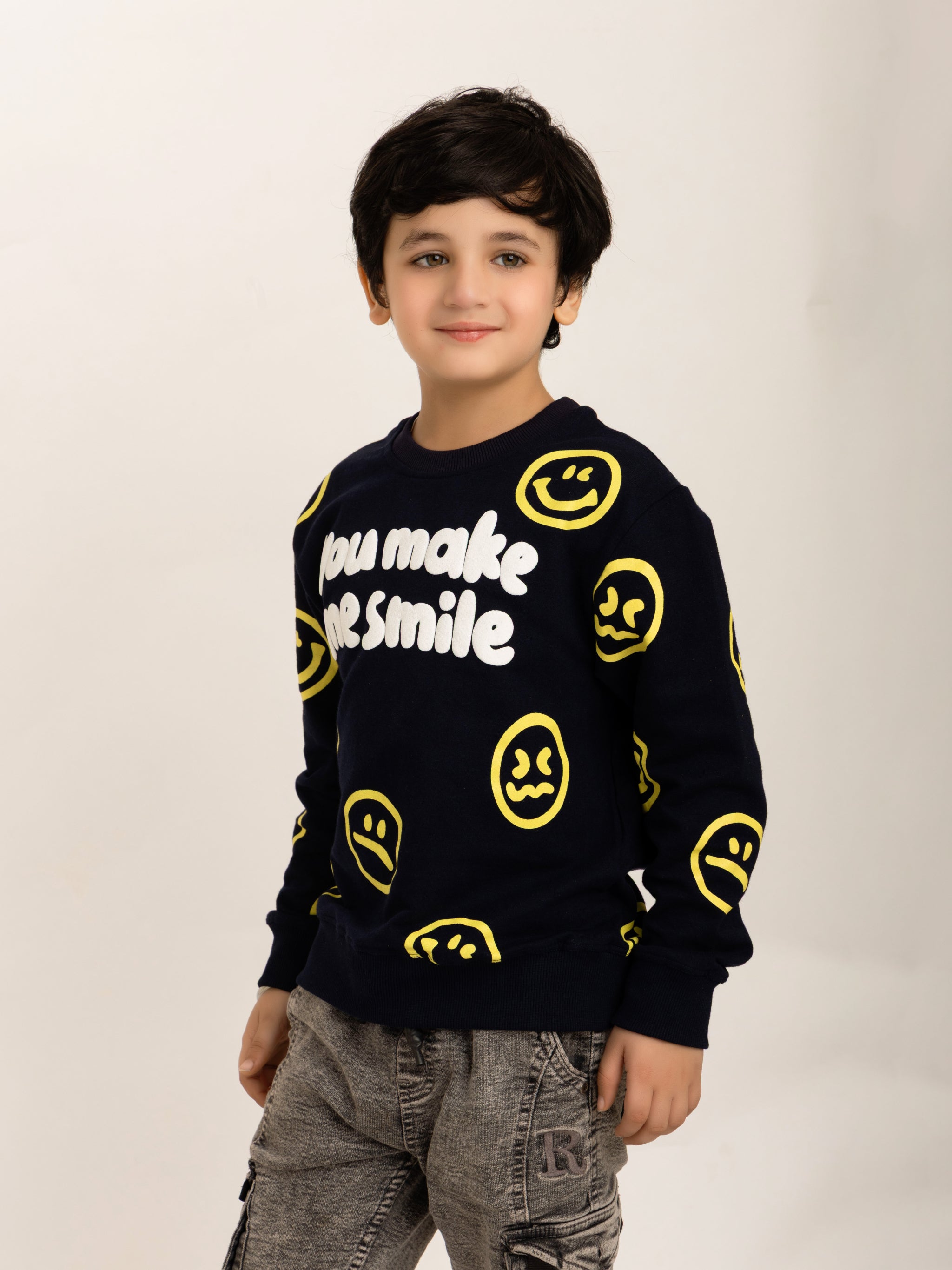 Boys Navy Blue All Over Smilies Sweatshirt
