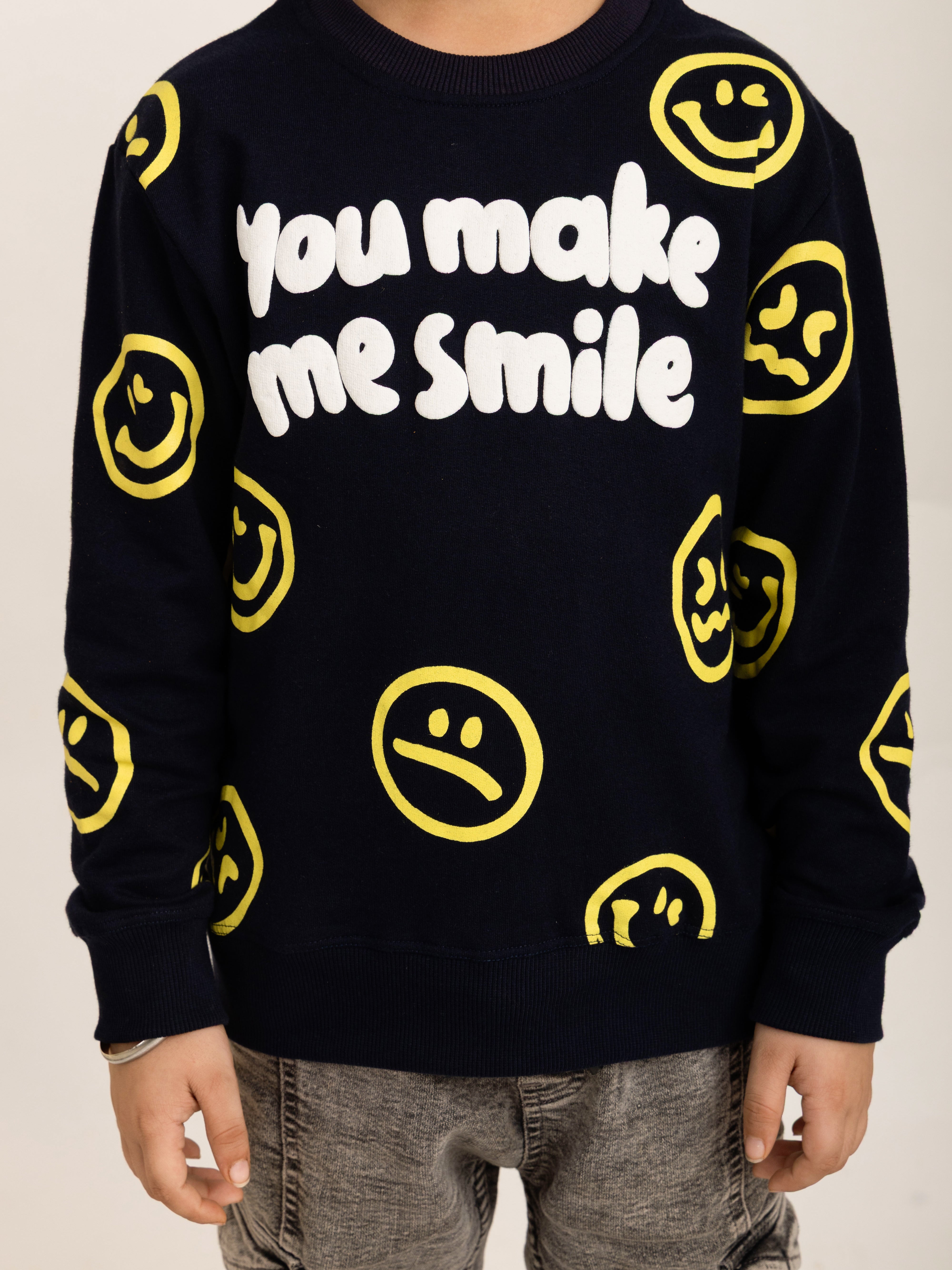 Boys Navy Blue All Over Smilies Sweatshirt