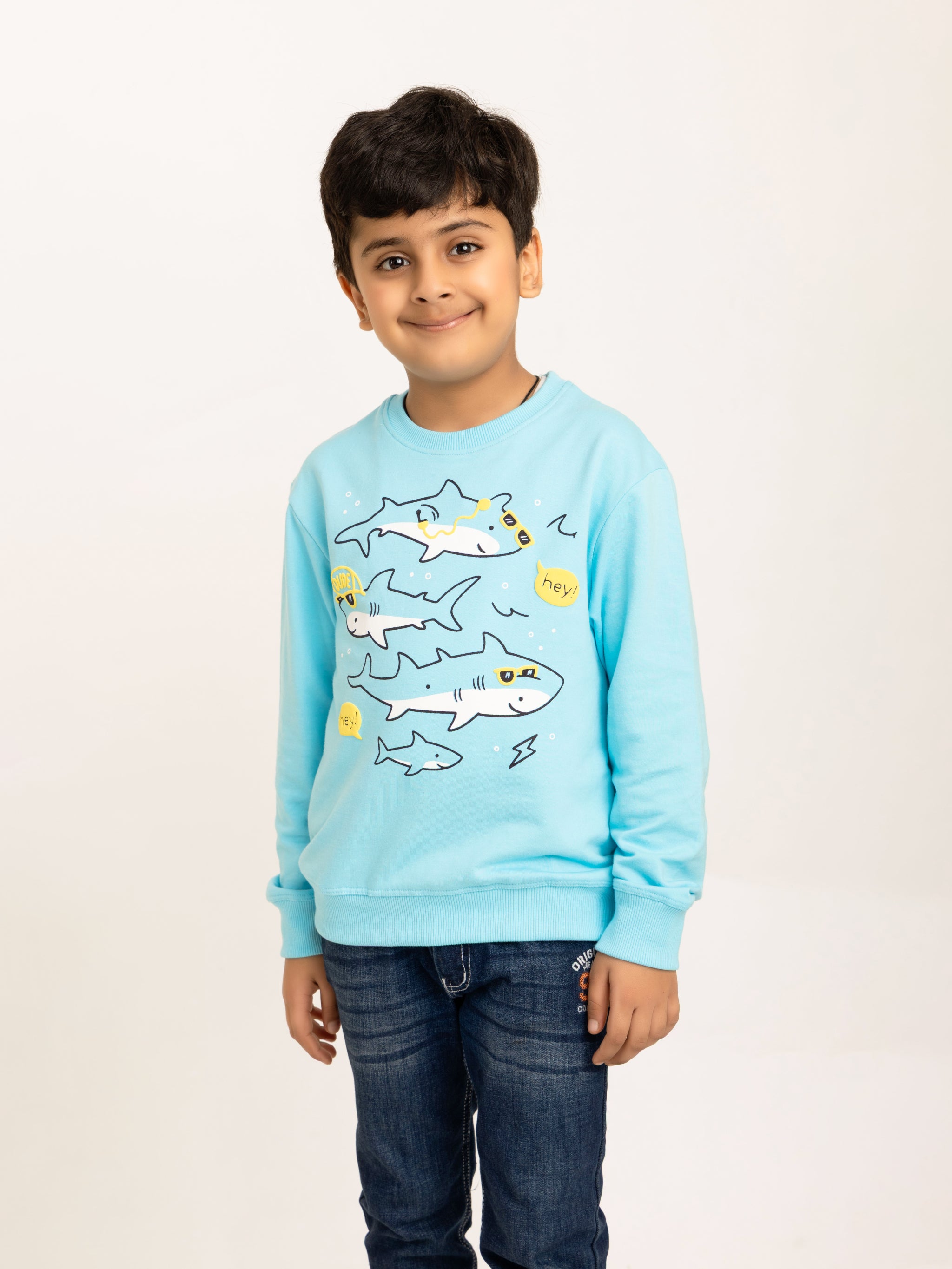 Boys Sky Blue Sharks Puff Print Sweatshirt