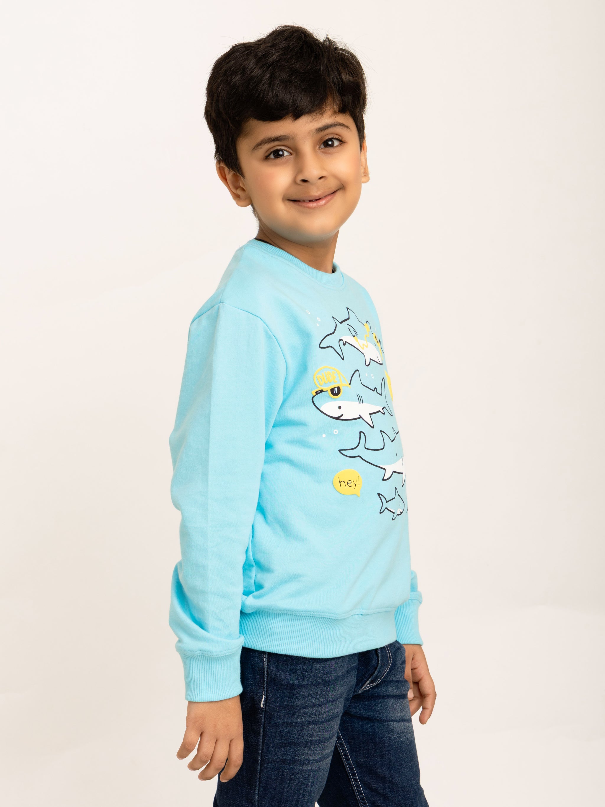 Boys Sky Blue Sharks Puff Print Sweatshirt