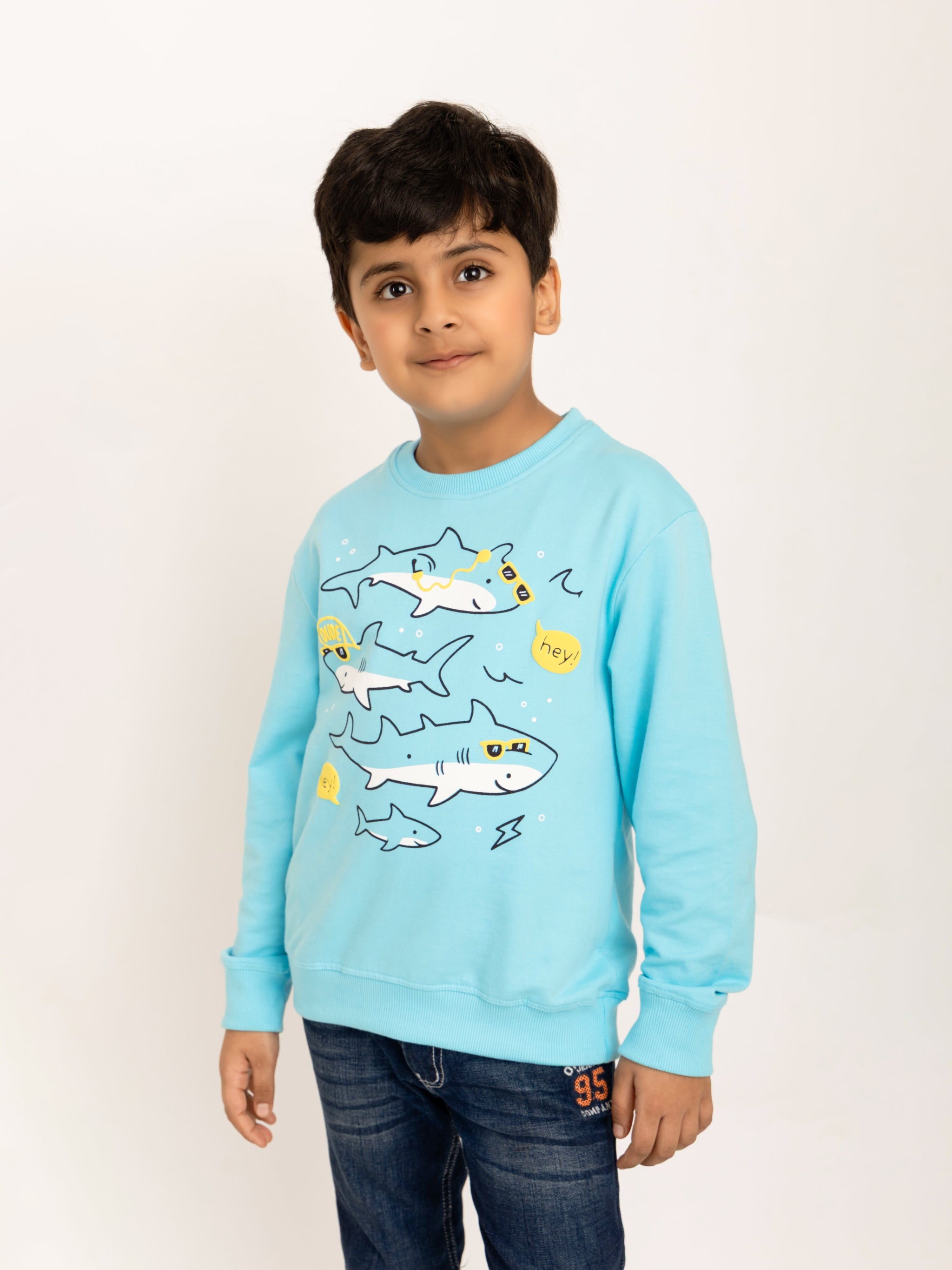 Boys Sky Blue Sharks Puff Print Sweatshirt