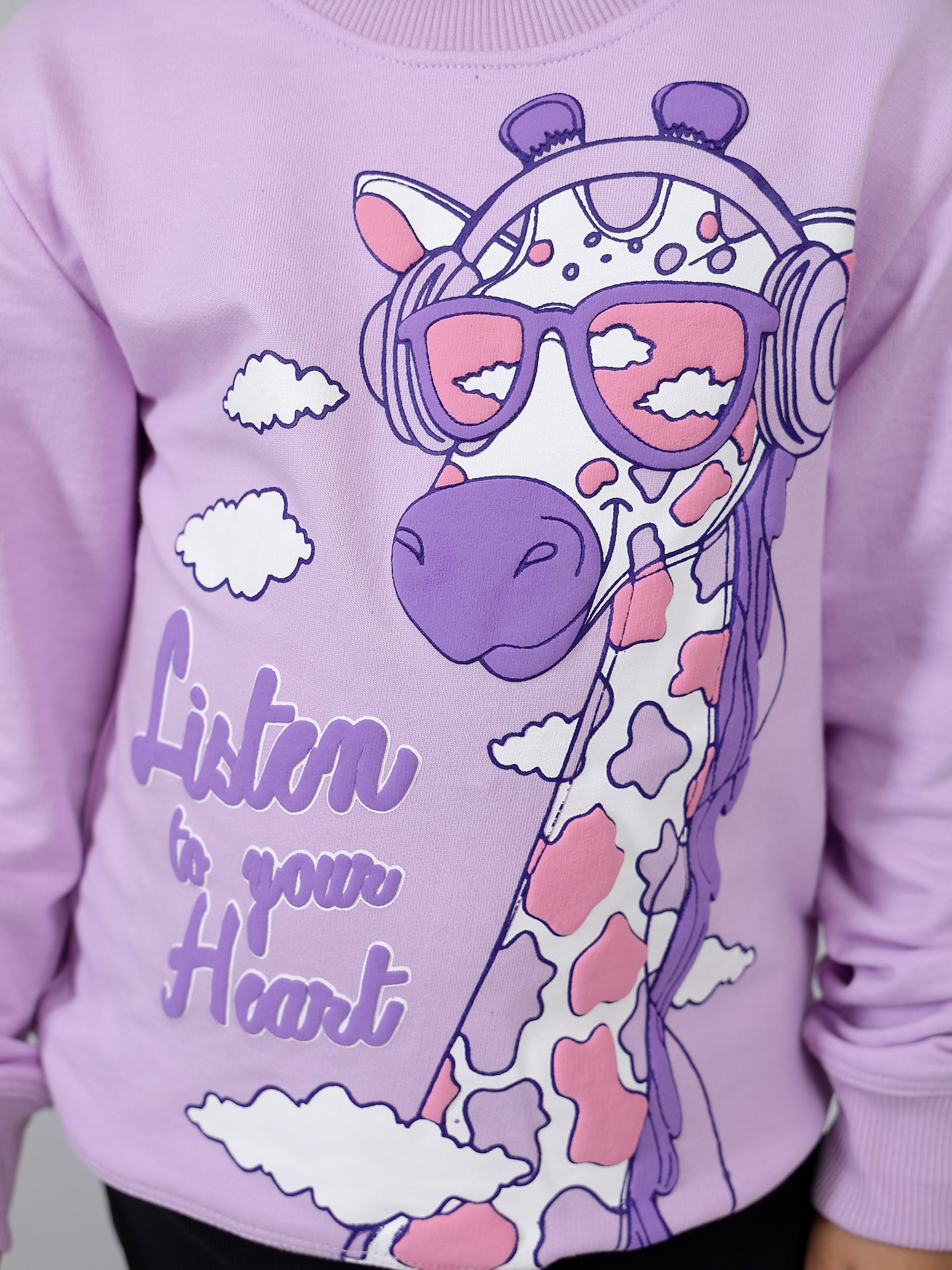 Girls Lavender Giraffe Puff Print Sweatshirt