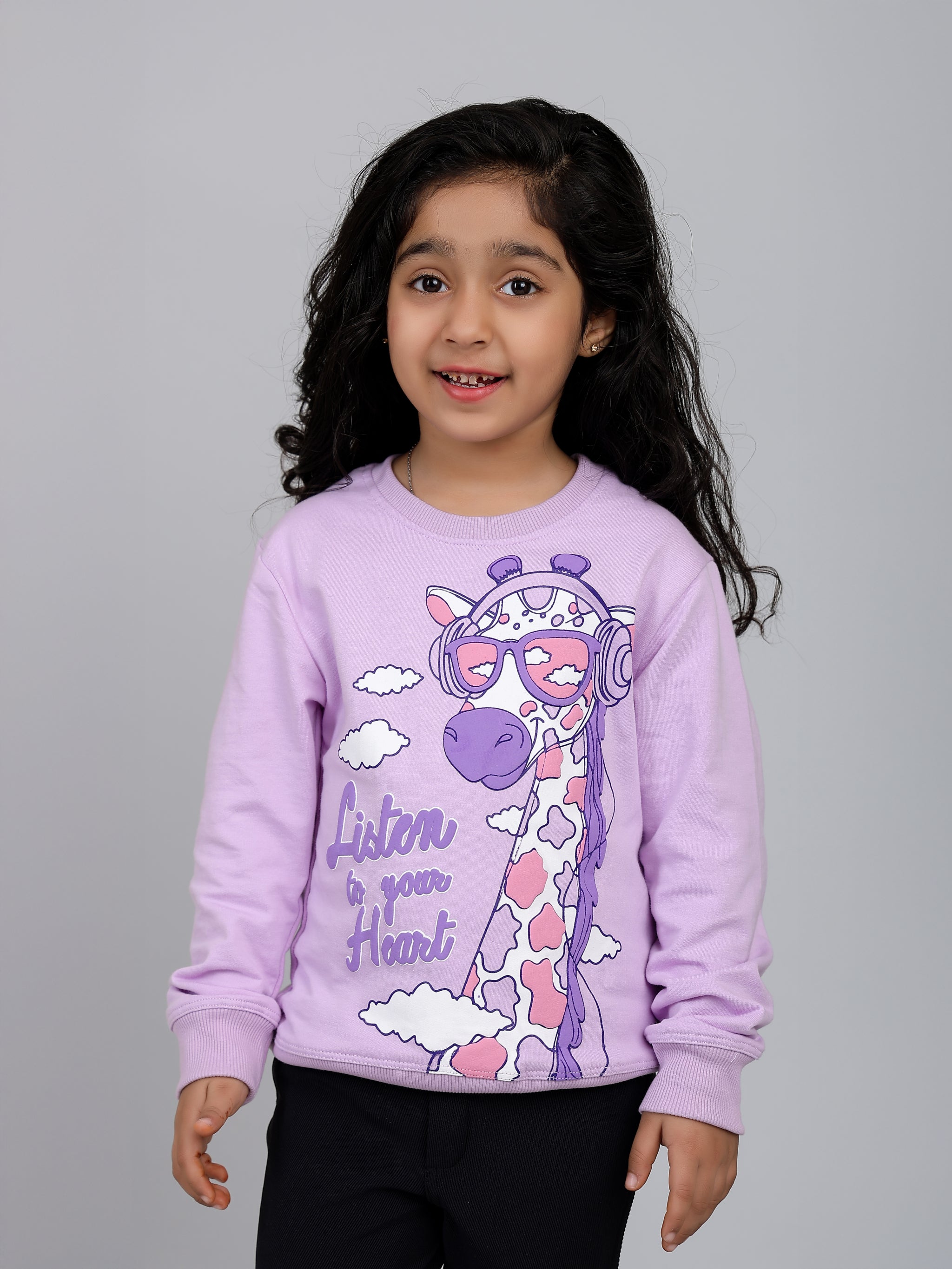 Girls Lavender Giraffe Puff Print Sweatshirt