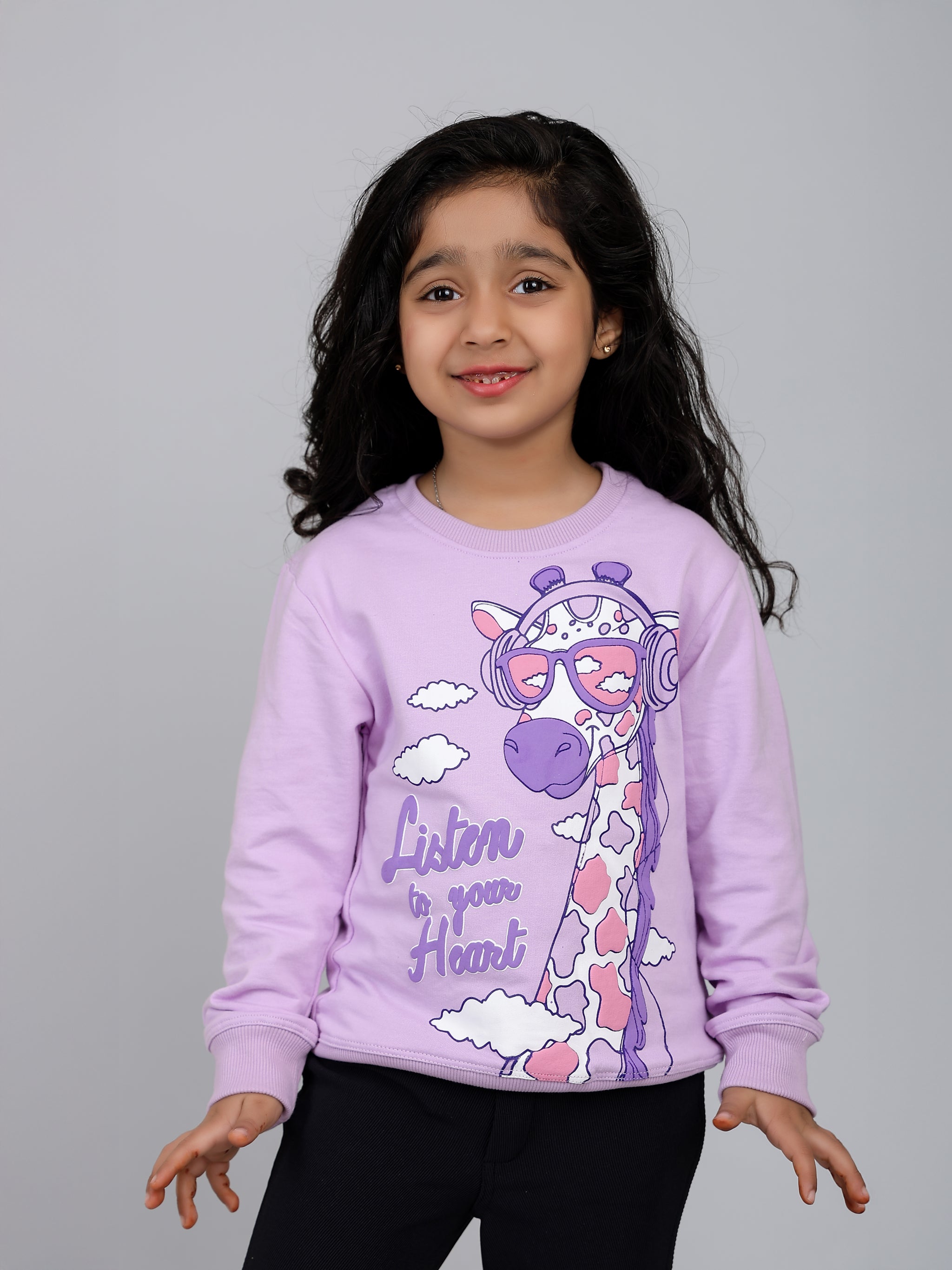 Girls Lavender Giraffe Puff Print Sweatshirt