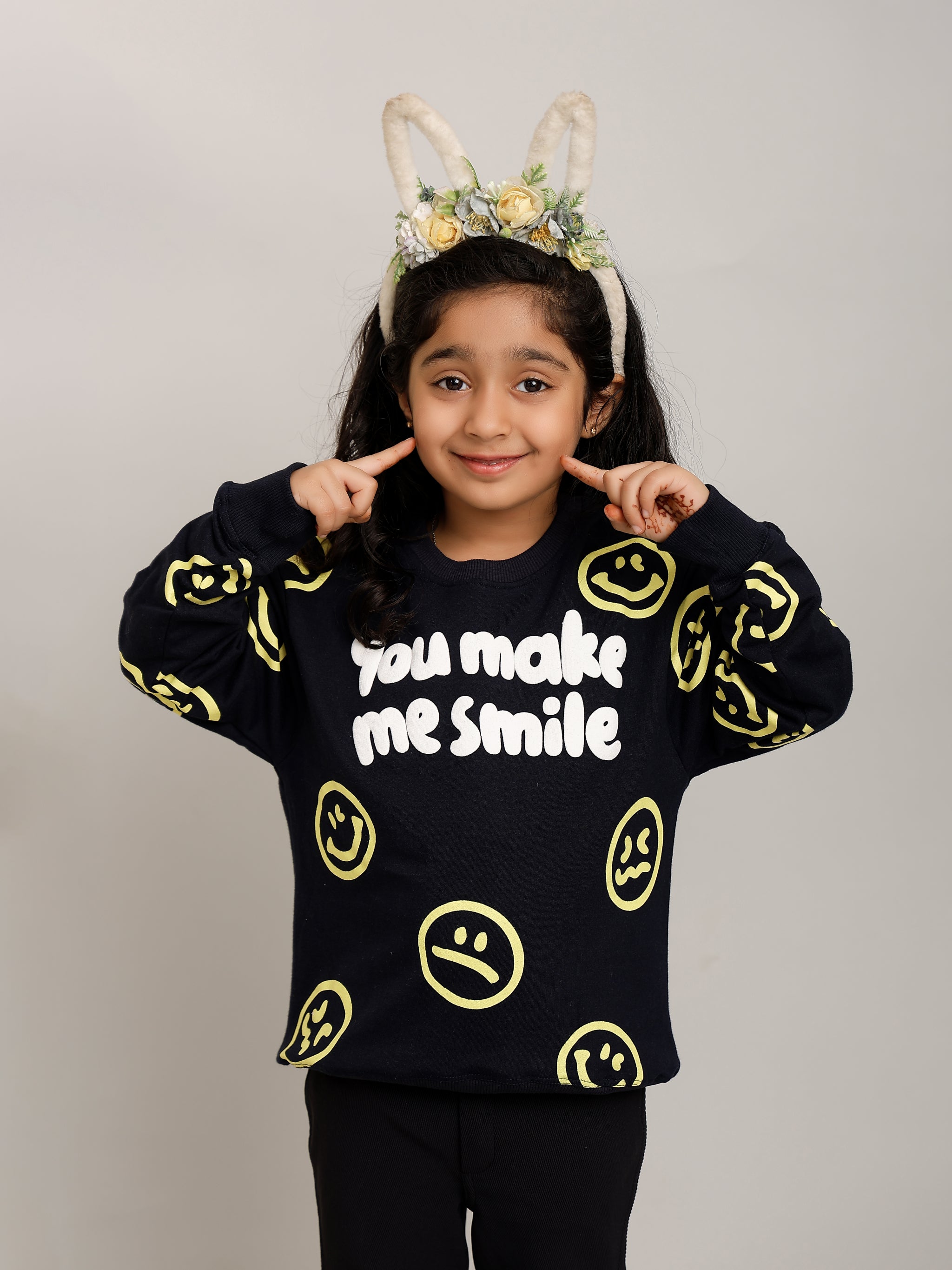 Girls Navy Blue All Over Smilies Sweatshirt