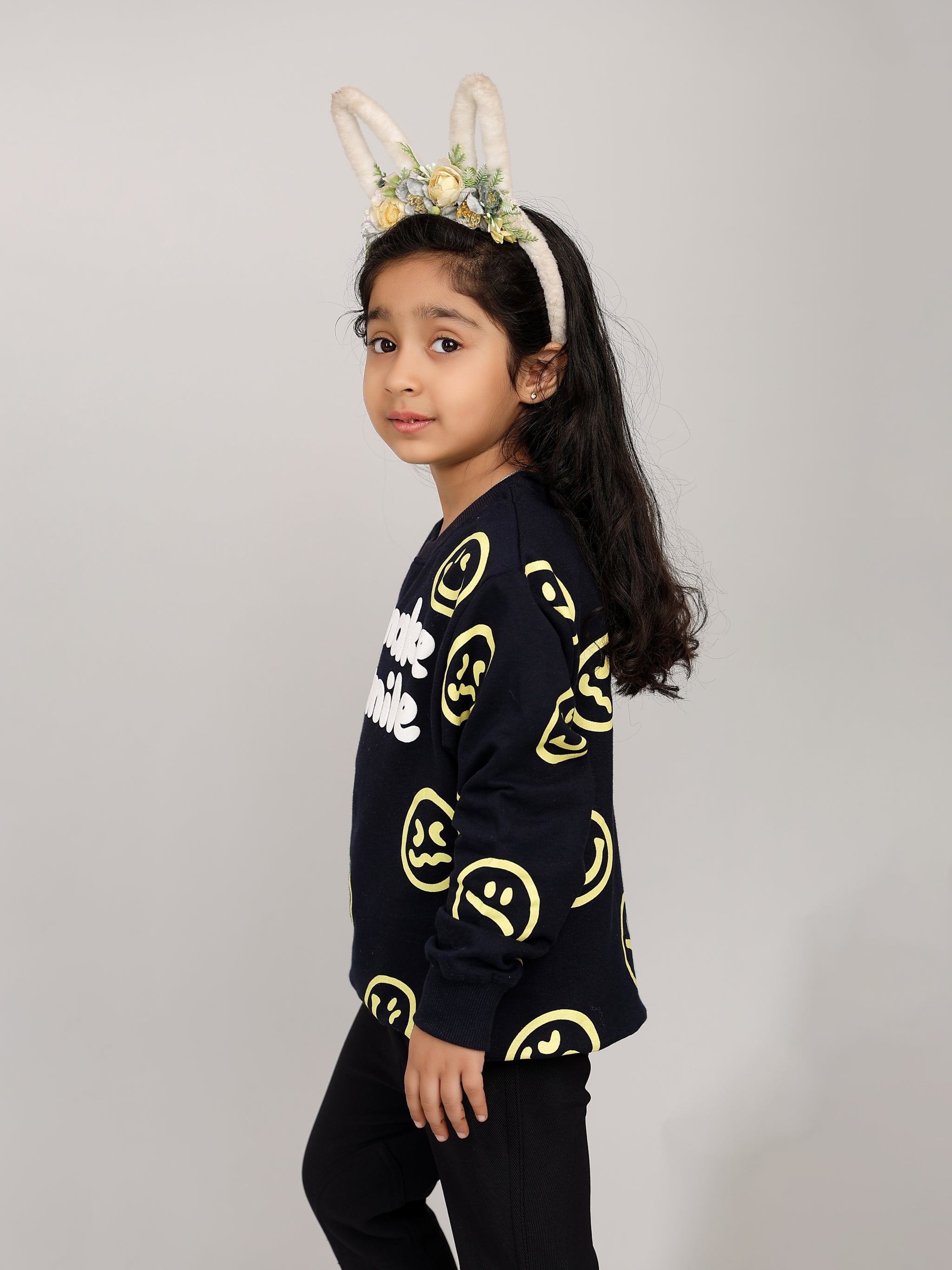 Girls Navy Blue All Over Smilies Sweatshirt
