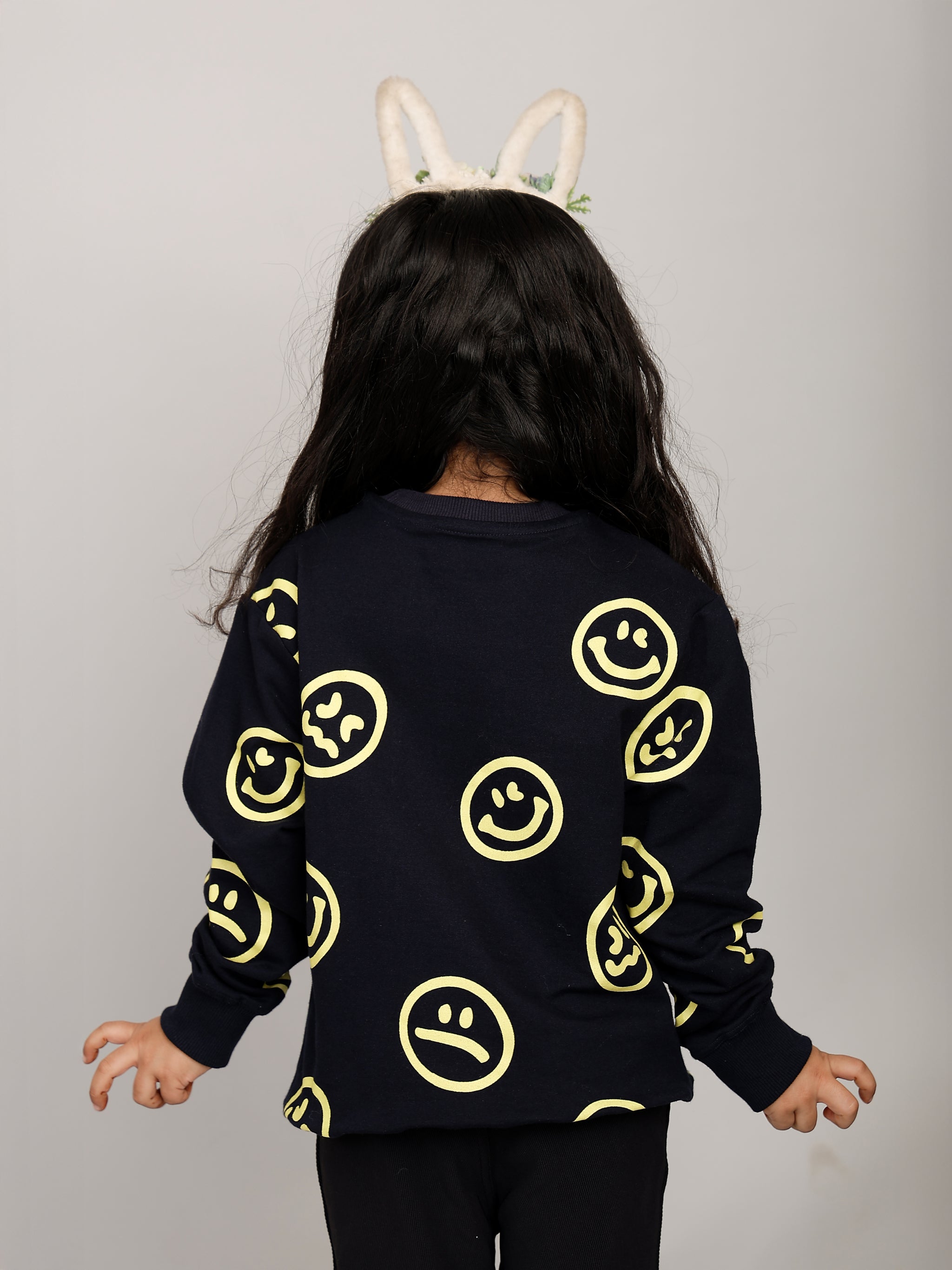 Girls Navy Blue All Over Smilies Sweatshirt