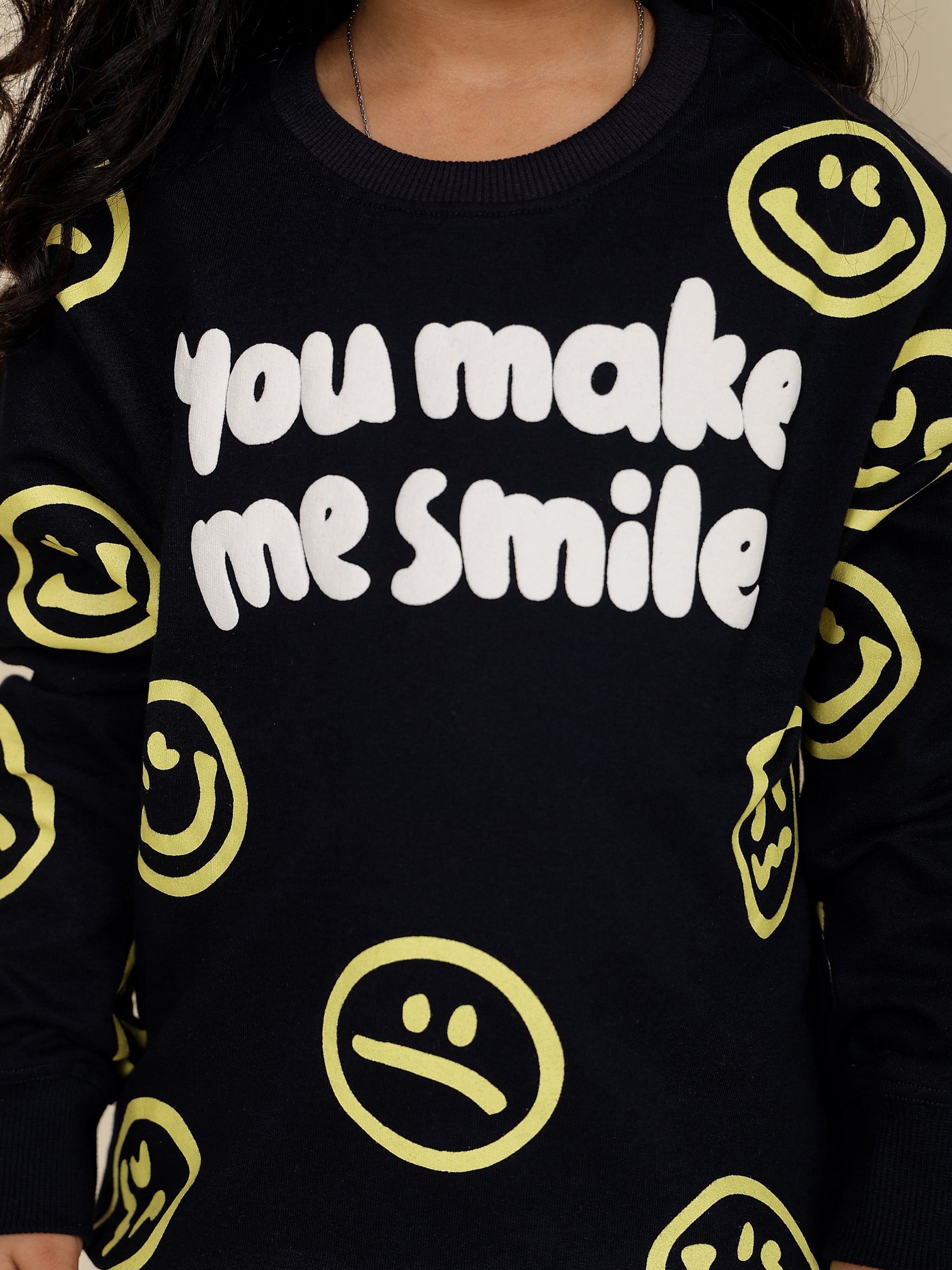 Girls Navy Blue All Over Smilies Sweatshirt