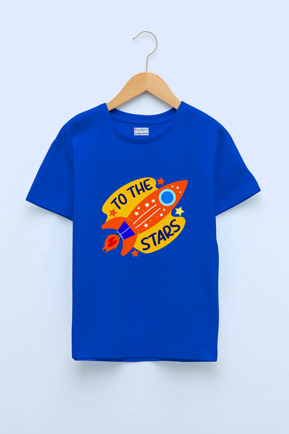 A Royal blue crew neck t-shirt with a print that reads 'To The Stars' with rocket and stars