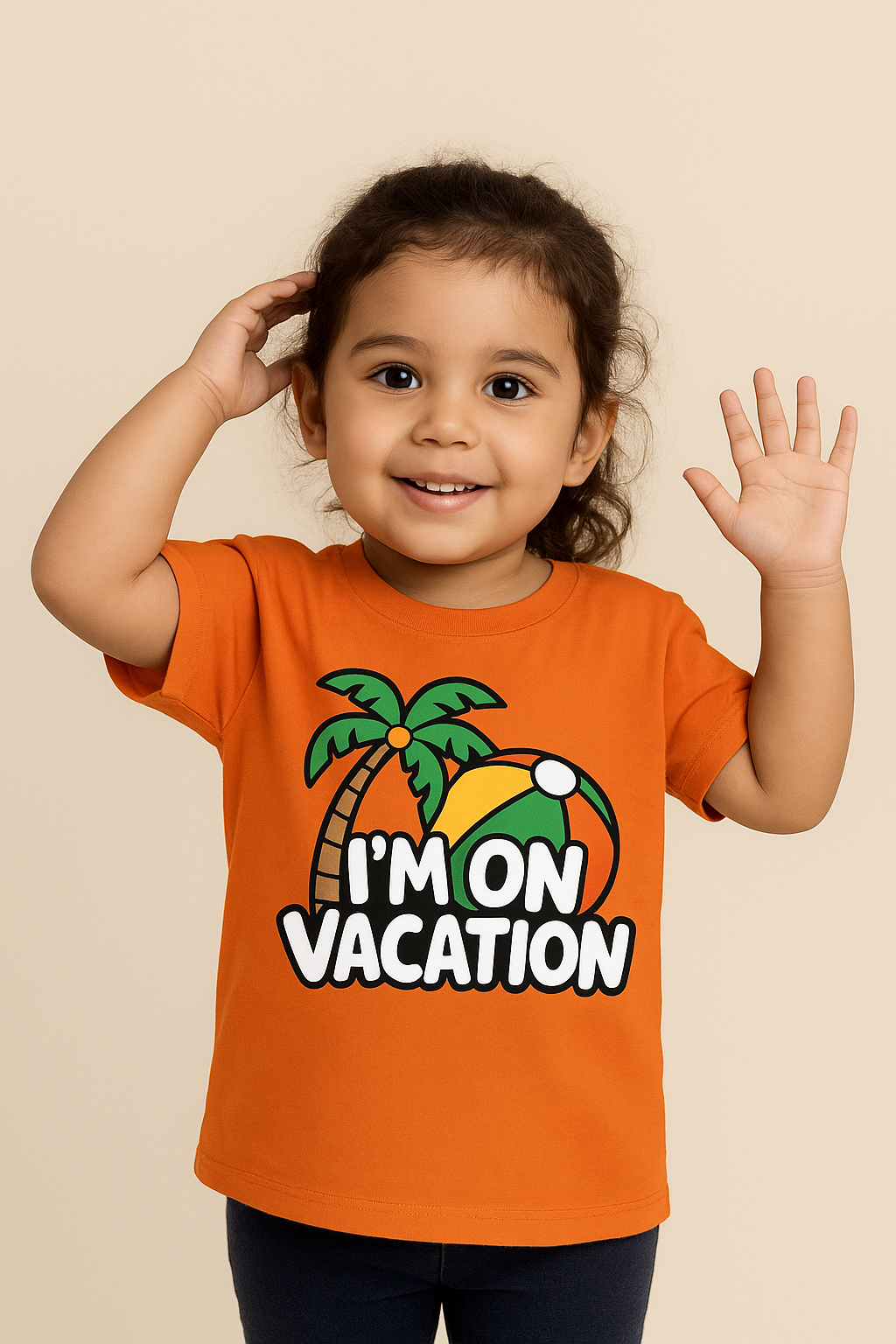 Child wearing an orange t-shirt with 'I'm on Vacation' text and palm tree design.