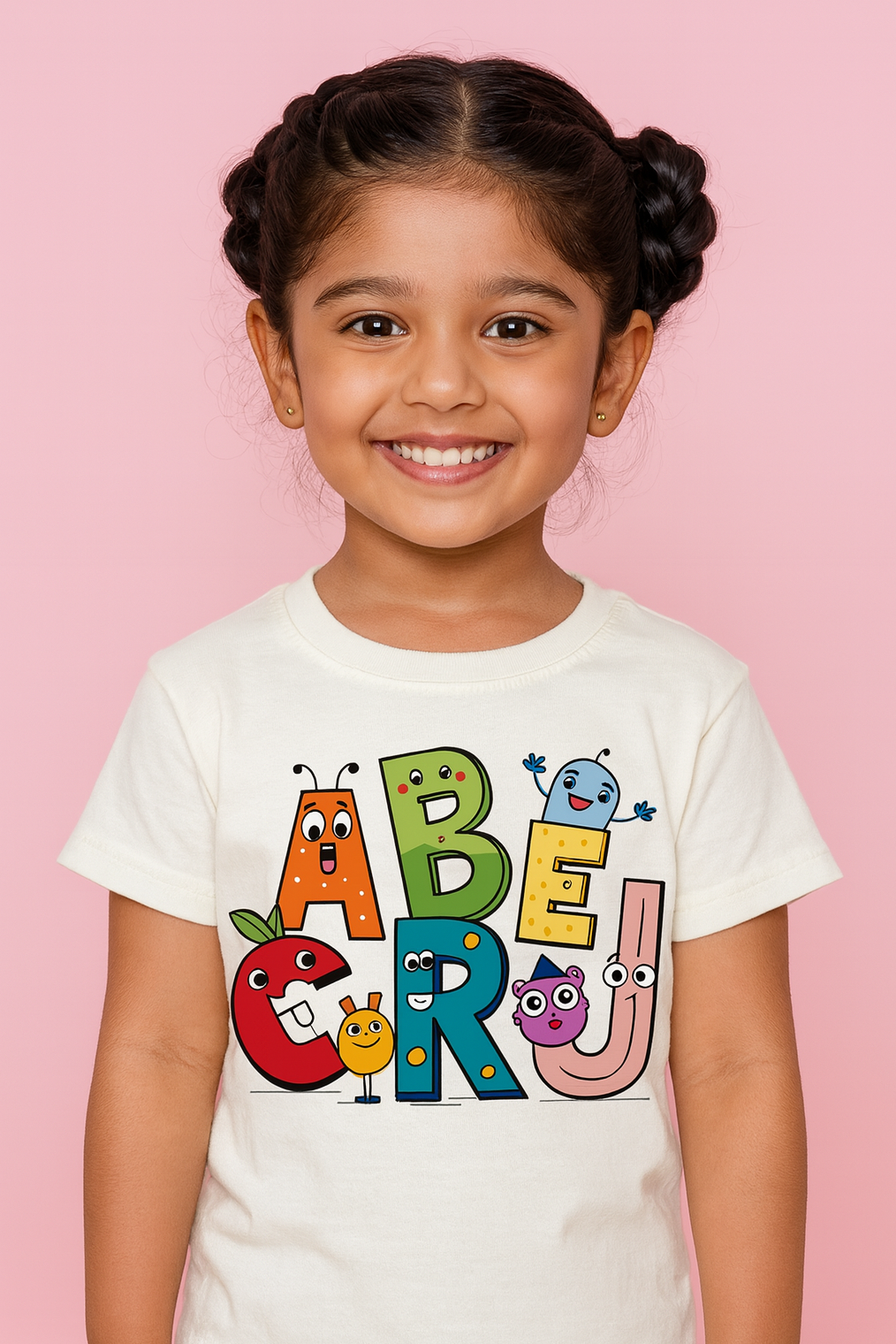 Child wearing a white t-shirt with colorful letters on a pink background