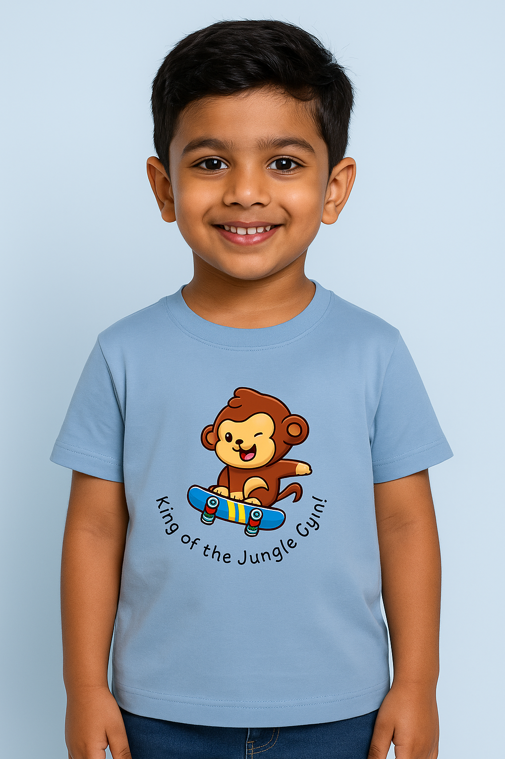 Child wearing a light blue t-shirt with a monkey graphic and text on a solid background