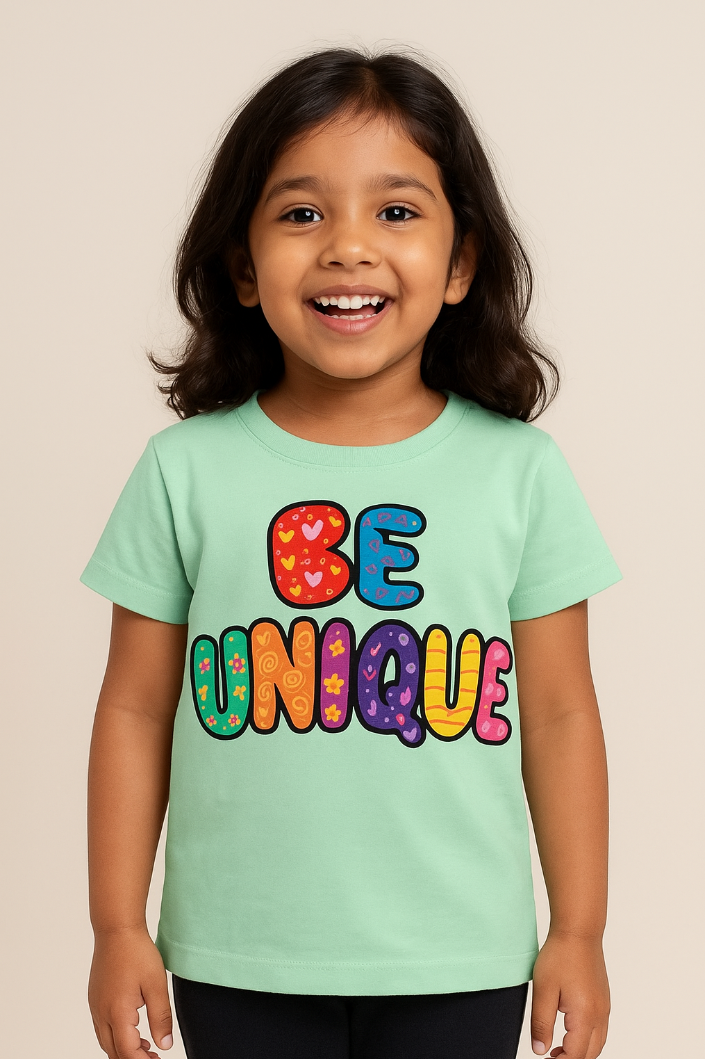 Child wearing a light green t-shirt with 'BE UNIQUE' text in colorful letters on a beige background