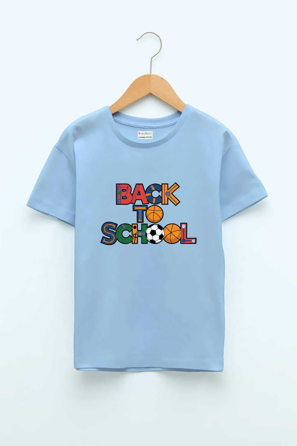 An ash blue round neck T-shirt with 'BACK TO SCHOOL' printed in colorful letters made from 100% cotton material 