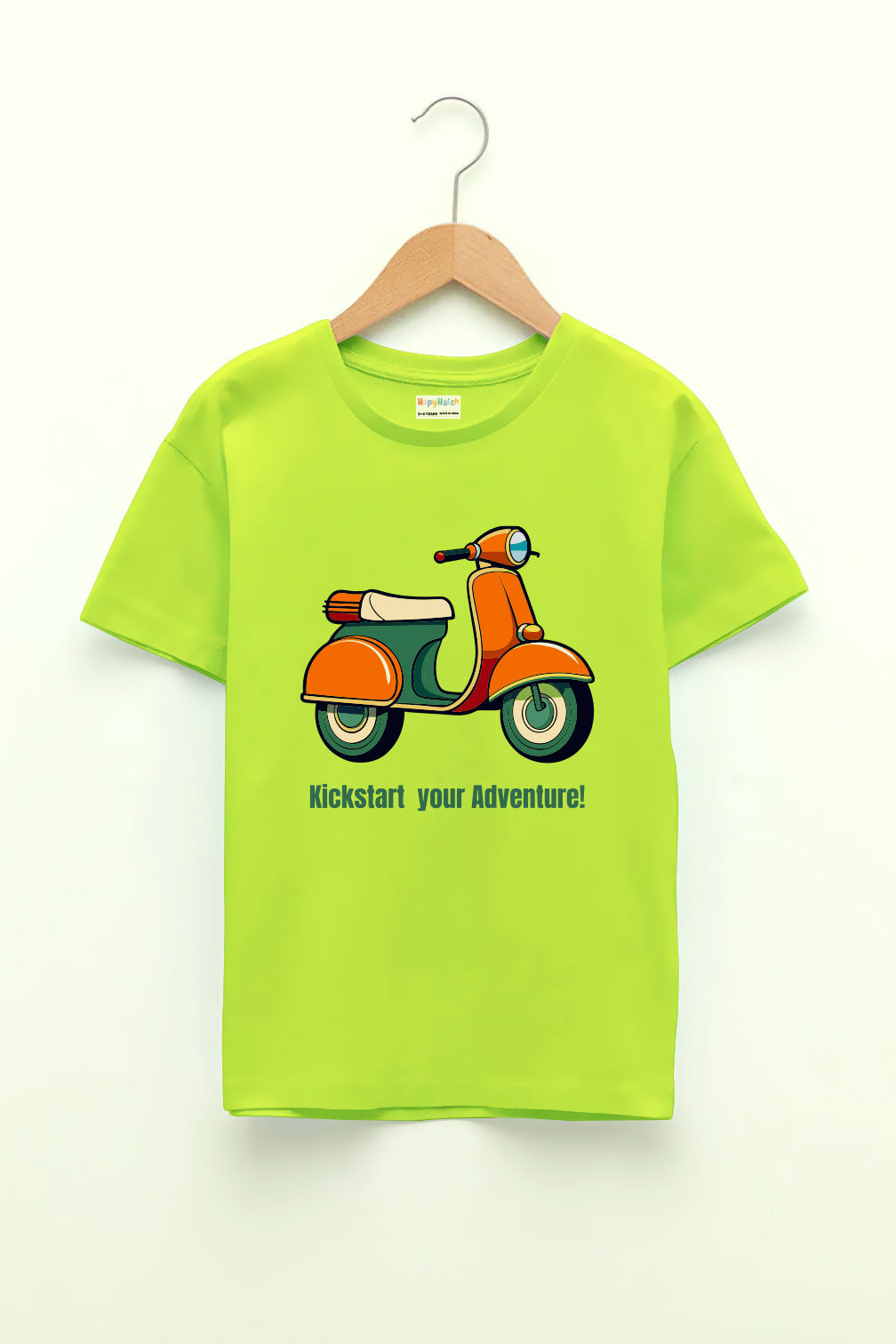 A neon green round neck t-shirt with a 'Kick Start Your Adventure Scooter' print.