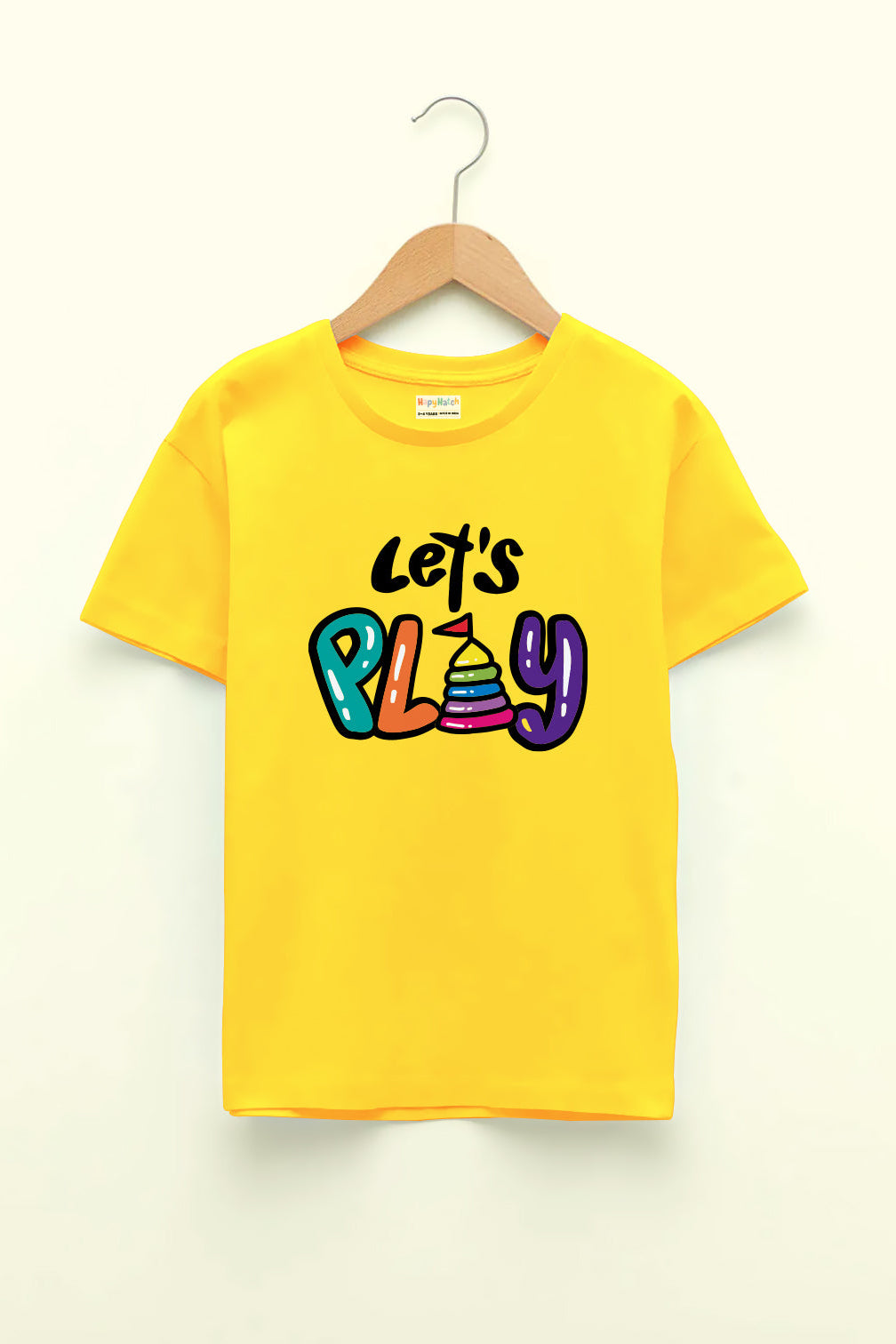 A bright yellow T-shirt with the text 'Let's Play' printed , made out of premium cotton lycra fabric 