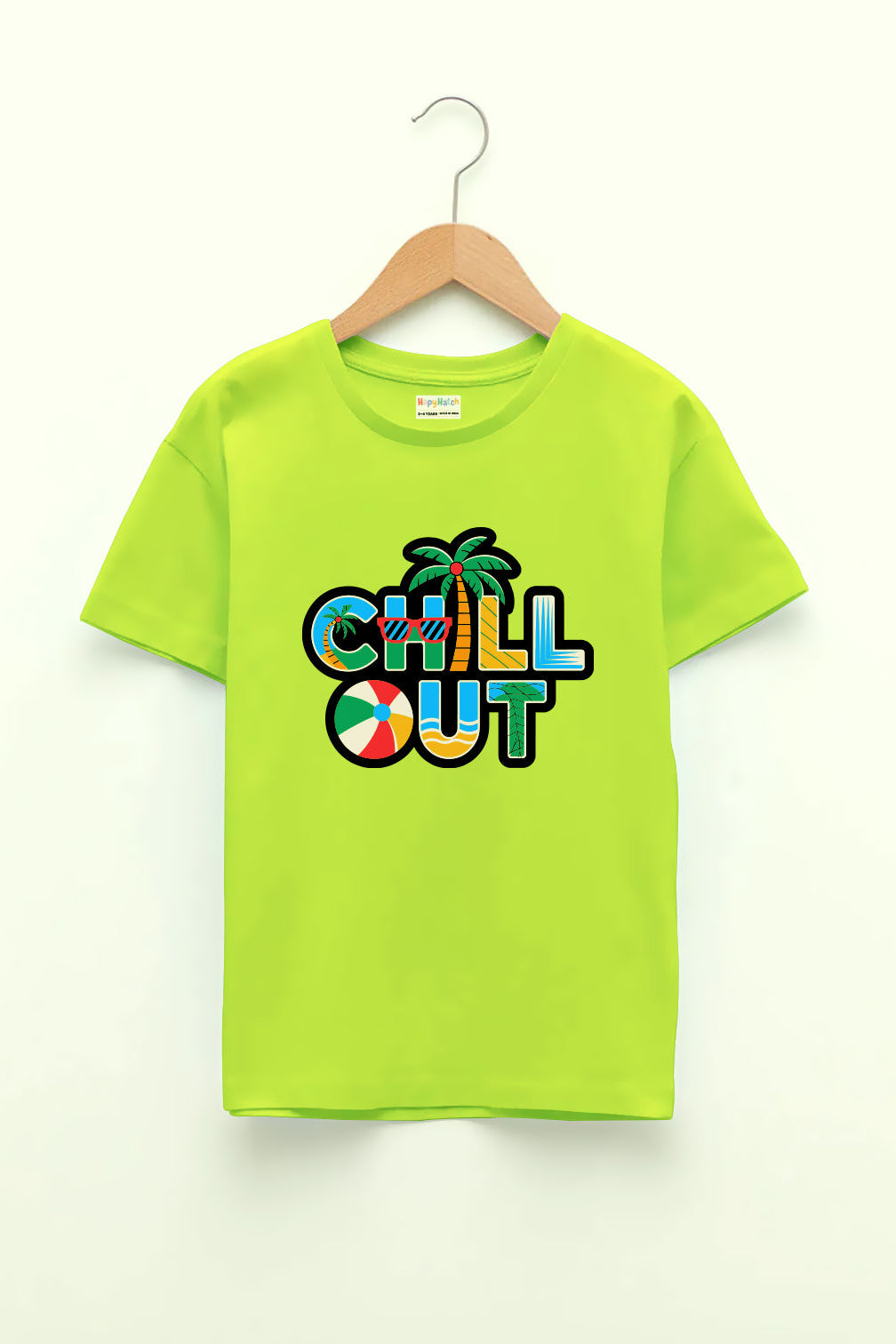 A bright neon green round neck  T-shirt with colorful 'Chill Out' text and a palm tree graphic on it