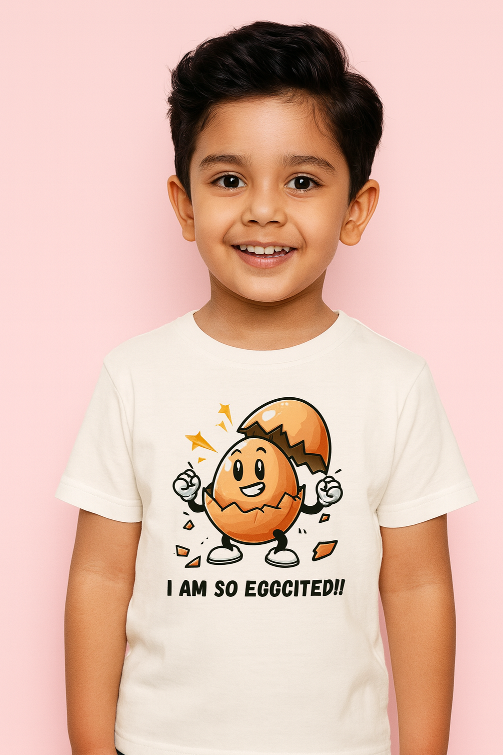 Child wearing a t-shirt with an egg character and text on a pink background