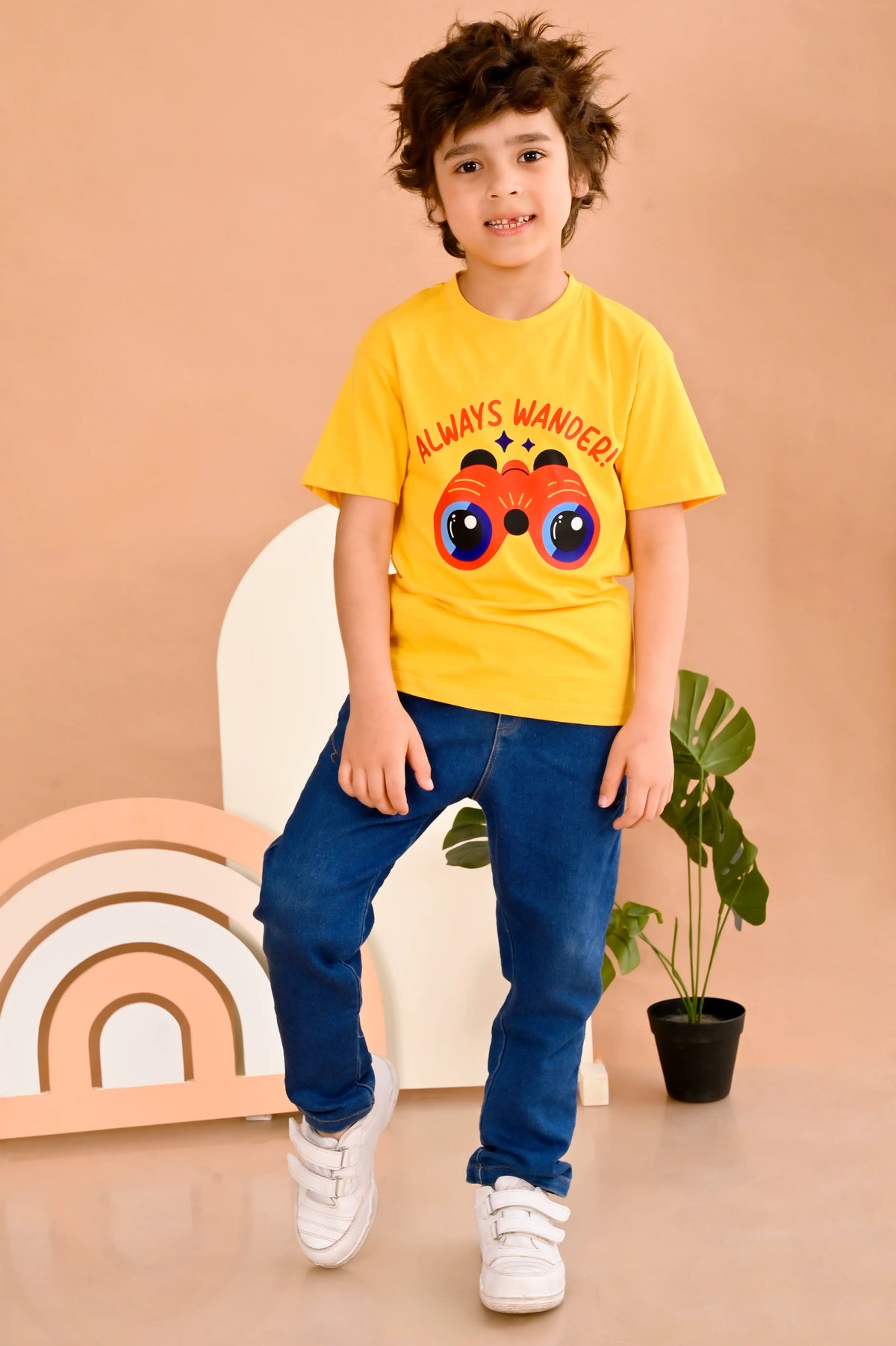 premium cotton t-shirt in a yellow color with text "always wander"