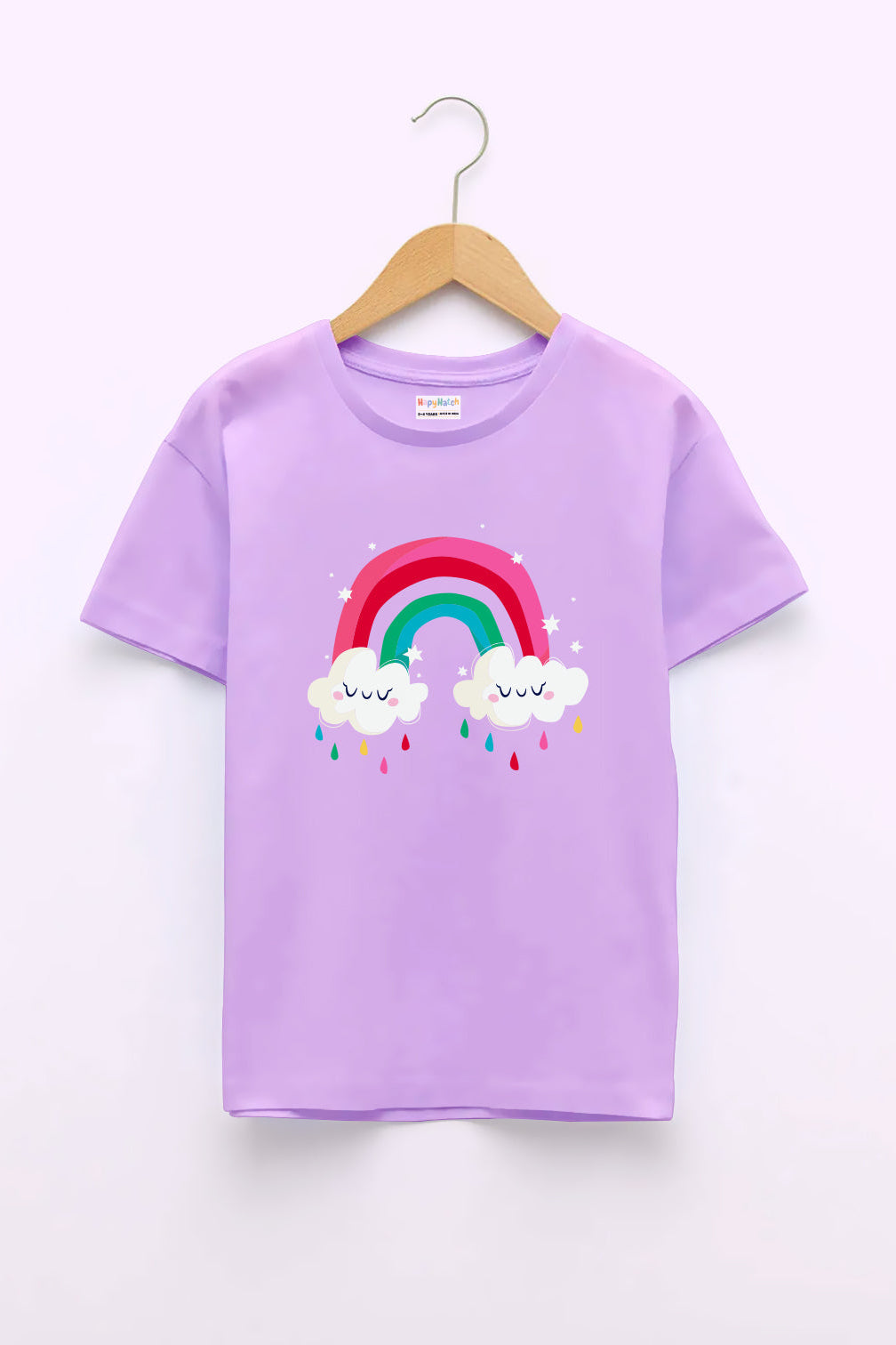 A bright lavender-color round neck T-shirt for girls with a print of clouds and a rainbow 