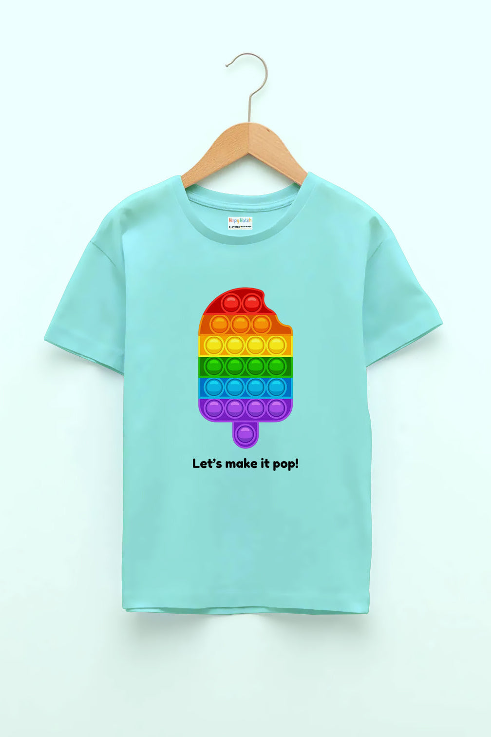 A round neck mint green Girls "Lets Make It Pop" print T-shirt with a colorful abstract design resembling a popsicle.