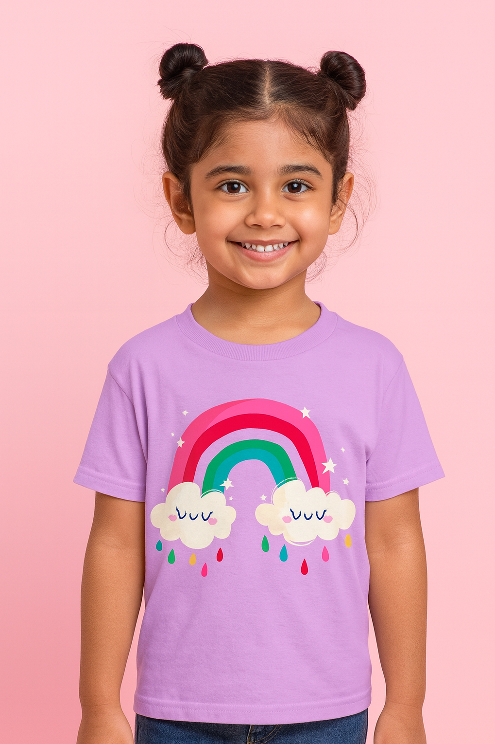 GIRL WEARING LEAVENDER TSHIRT WITH RAINBOW AND CLOUD PRINT