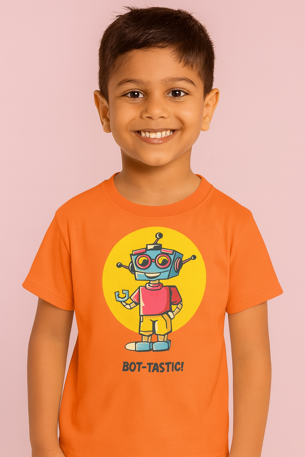 Child wearing an orange t-shirt with a robot graphic and text on a pink background