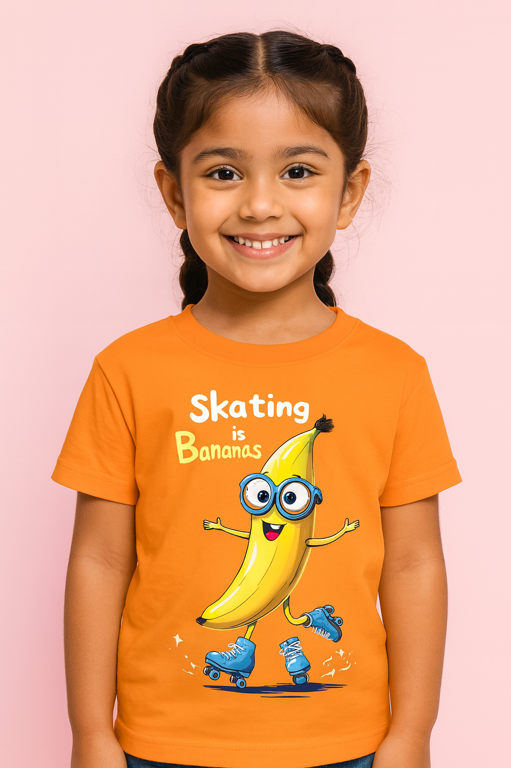 Child wearing an orange t-shirt with a cartoon banana character and text on a pink background