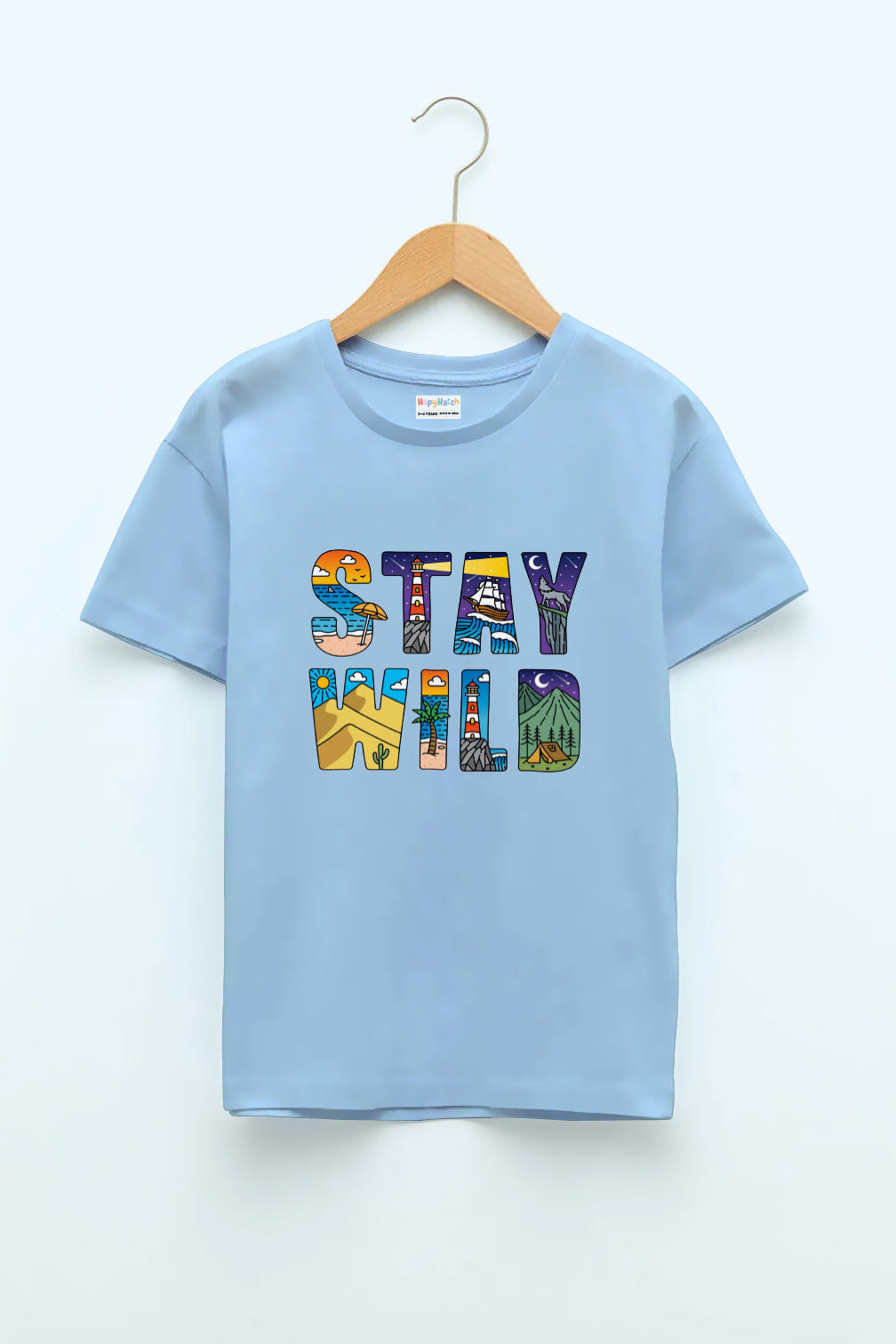 An ash  blue round neck T-shirt with 'STAY WILD' printed in multicolor letters