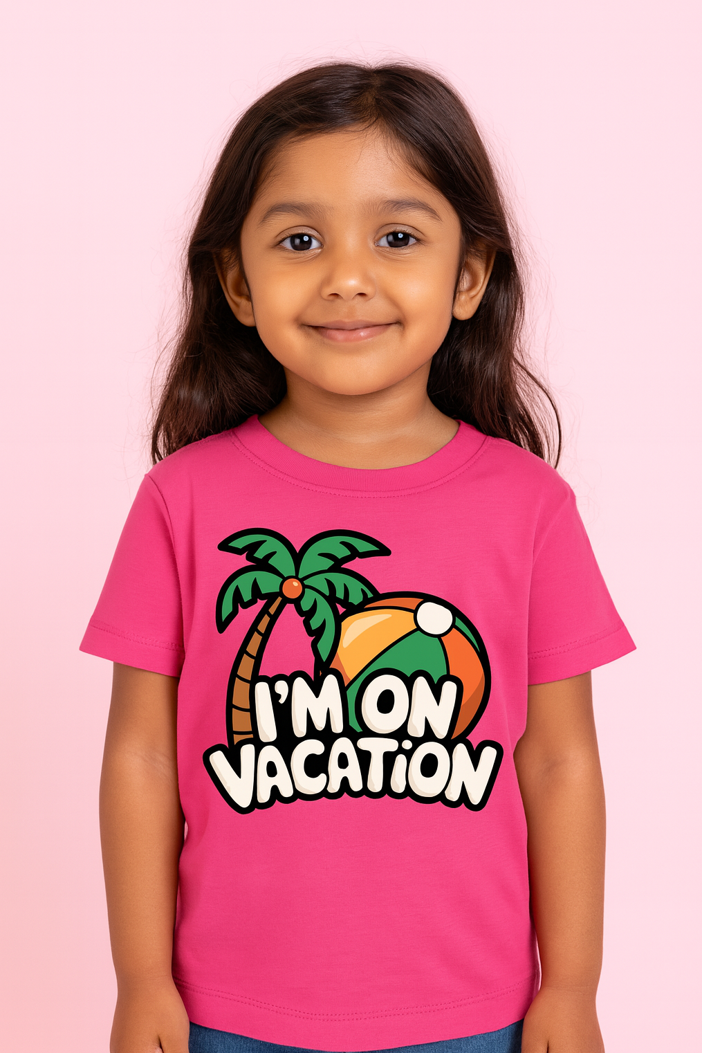 Young girl wearing a pink t-shirt with 'I'm on Vacation' graphic on a pink background