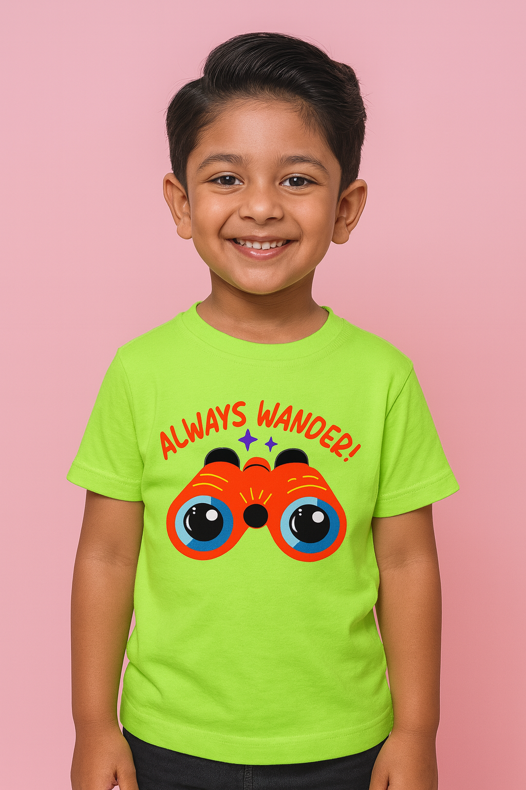 Child wearing a bright green t-shirt with binoculars and 'Always Wander' text on a pink background