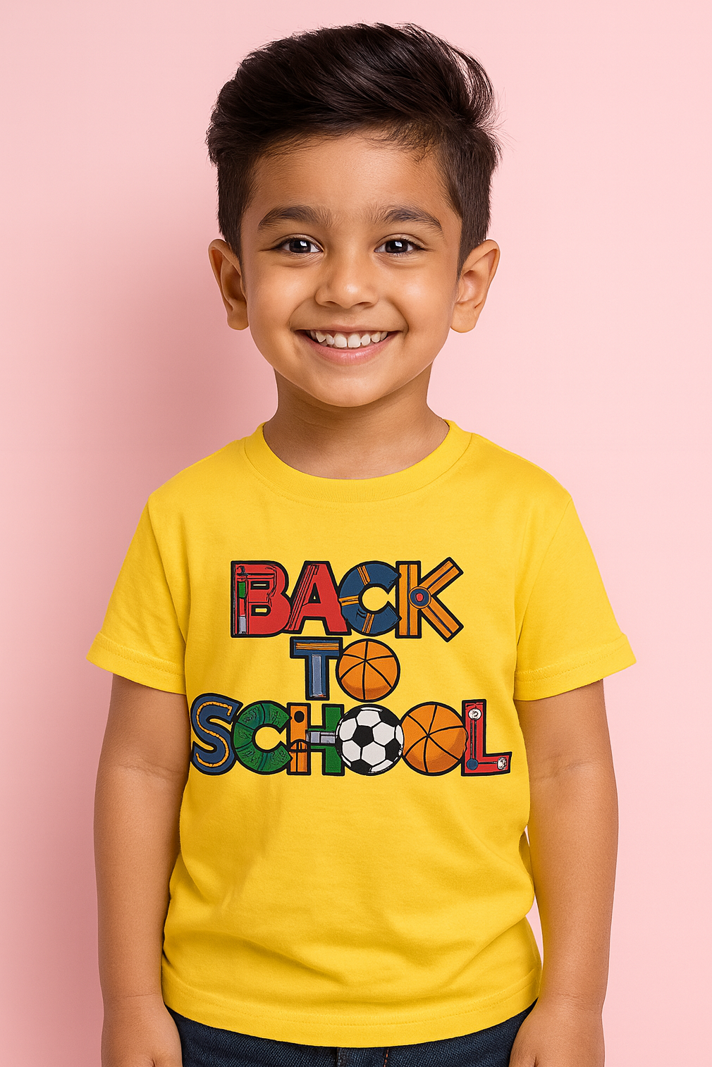 Child wearing a yellow 'Back to School' t-shirt with sports-themed text on a pink background