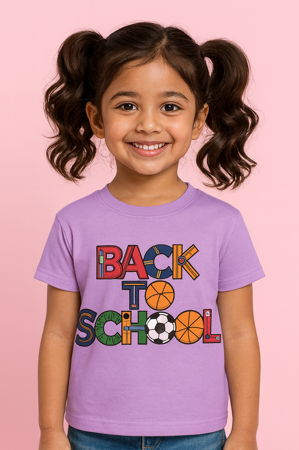Young girl wearing a 'Back to School' t-shirt with colorful text on a pink background