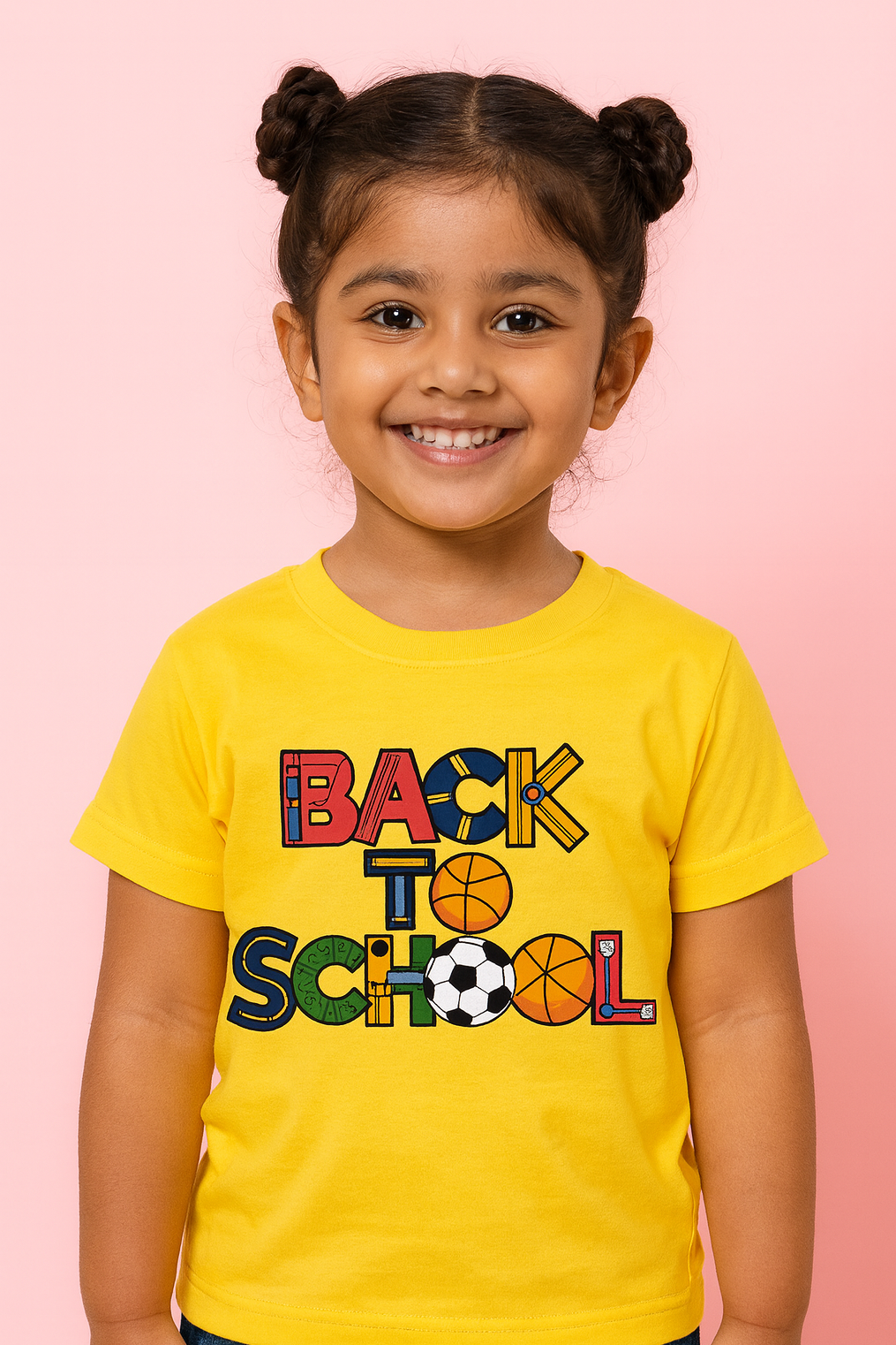 Child wearing a yellow 'Back to School' t-shirt with sports-themed text on a pink background