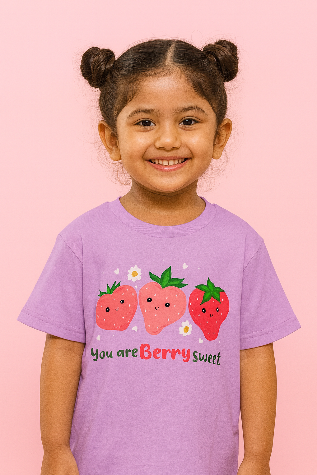 Child wearing a purple t-shirt with strawberry design and text on a pink background