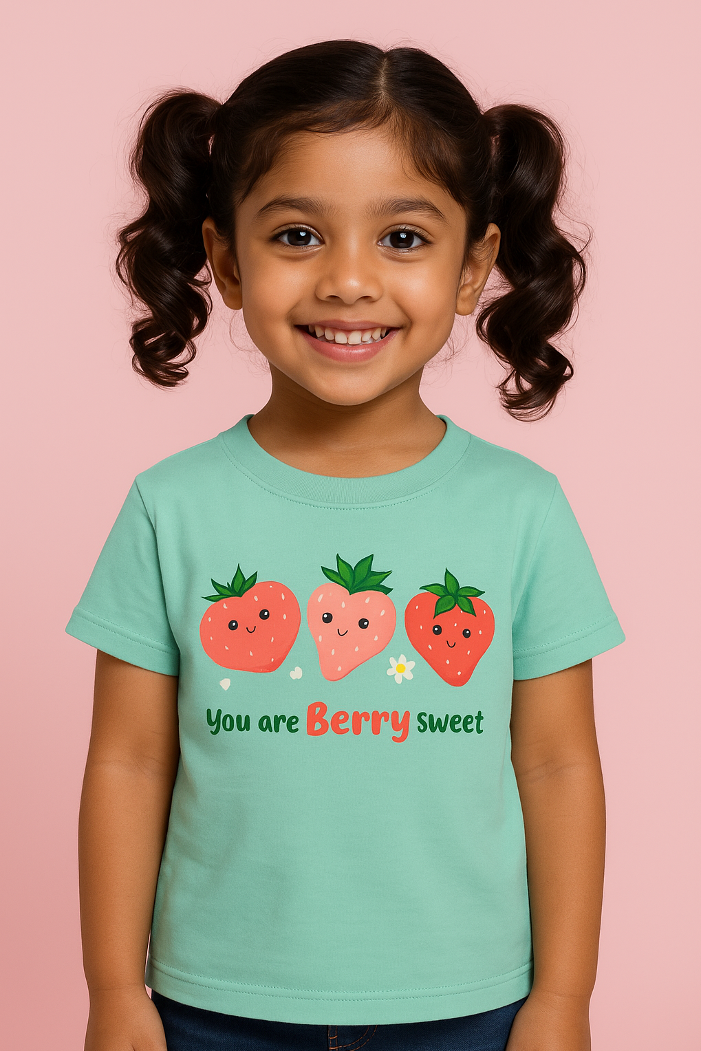 Child wearing a light blue t-shirt with strawberry design and text on a pink background