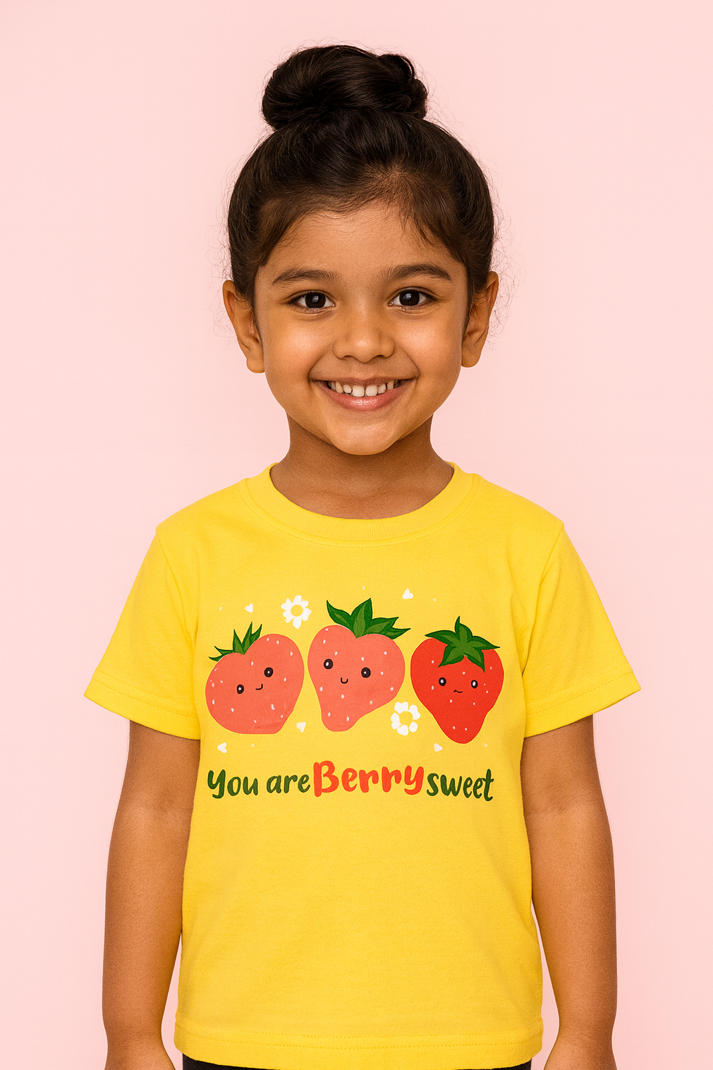 Child wearing a yellow t-shirt with strawberry design and text on a pink background