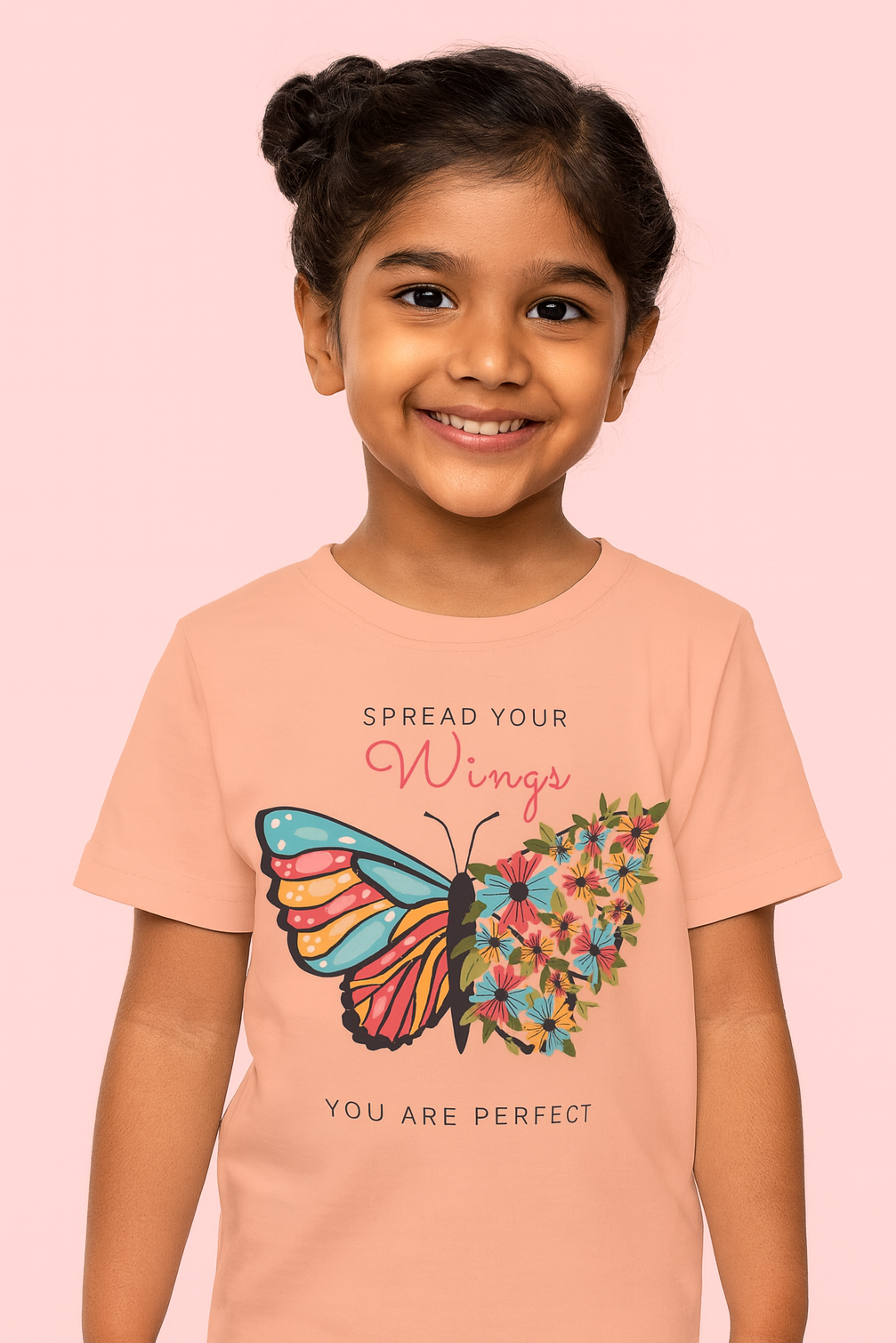 Young girl wearing a peach t-shirt with a butterfly design and text on a pink background