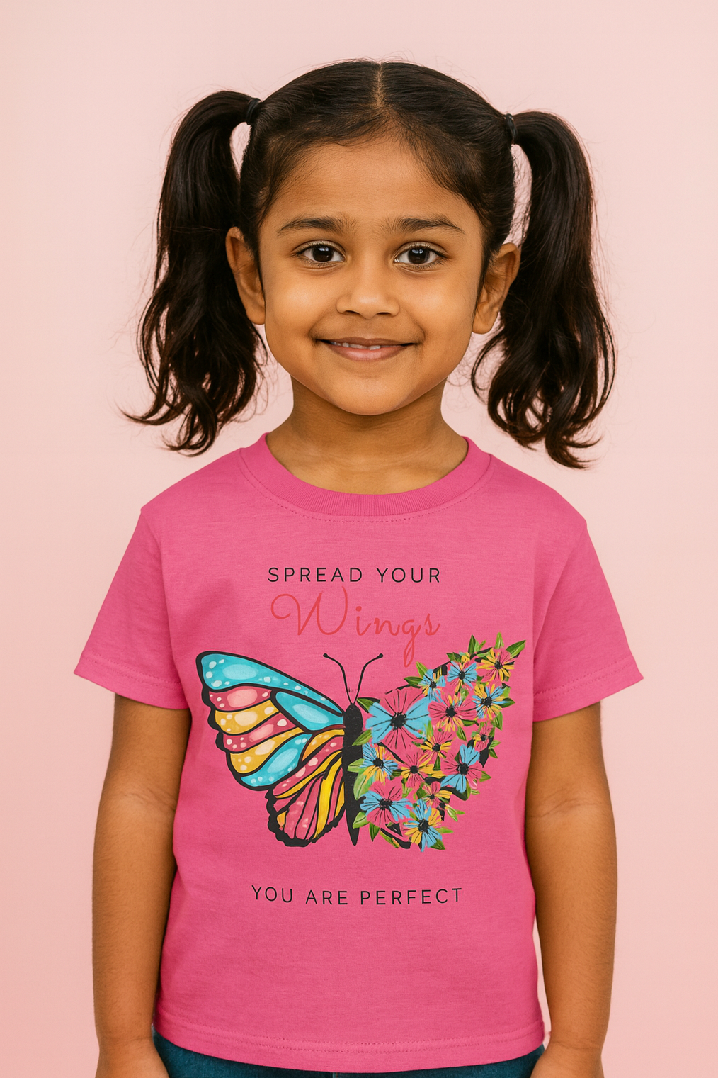 Young girl wearing a pink t-shirt with a butterfly design and text on a pink background