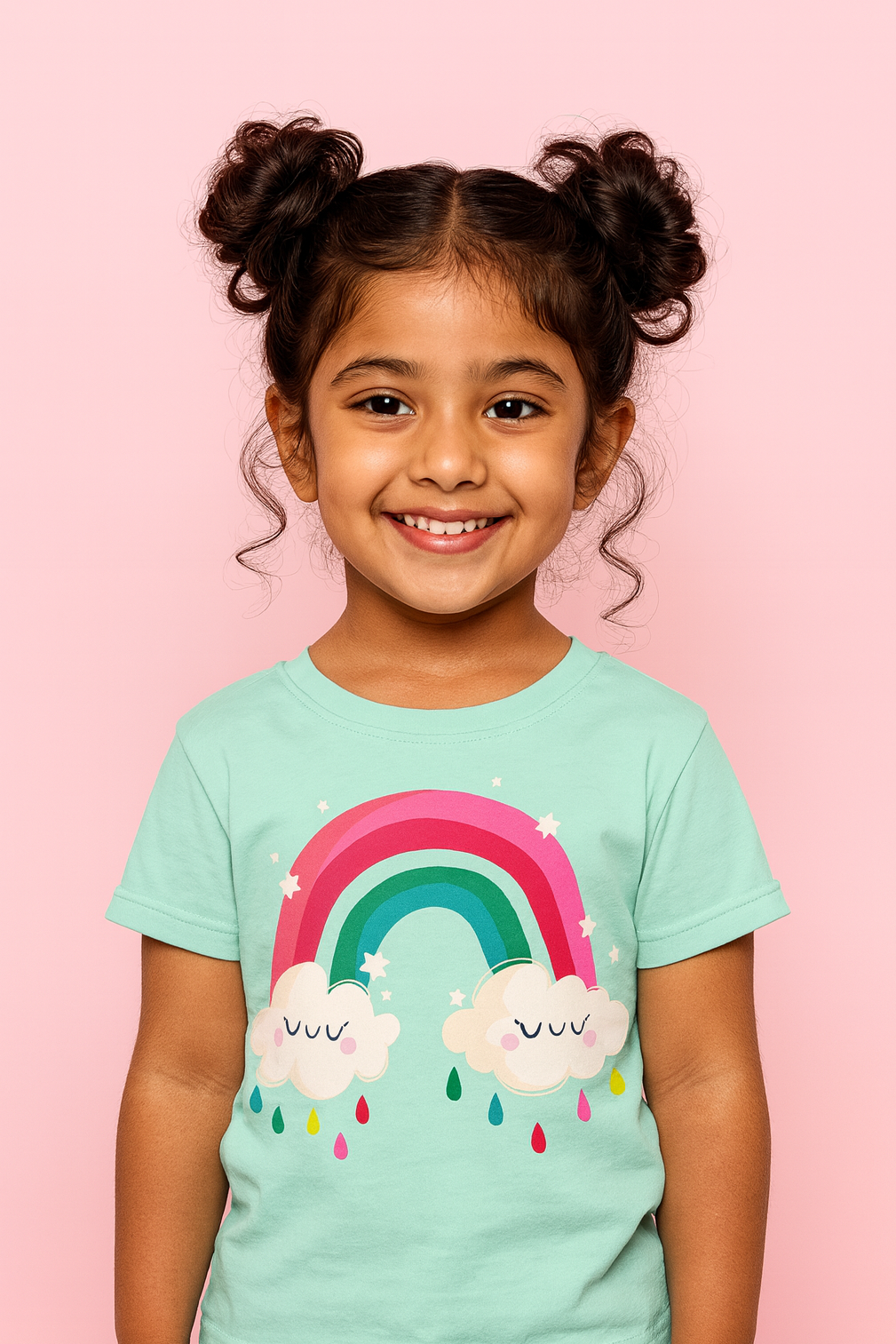 Young girl wearing a light blue t-shirt with a rainbow and cloud design on a pink background