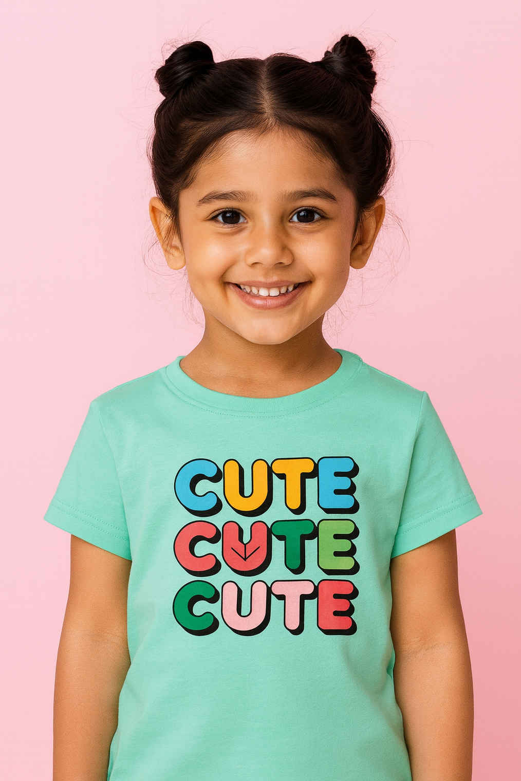 Child wearing a light blue t-shirt with 'CUTE CUTE CUTE' text on a pink background