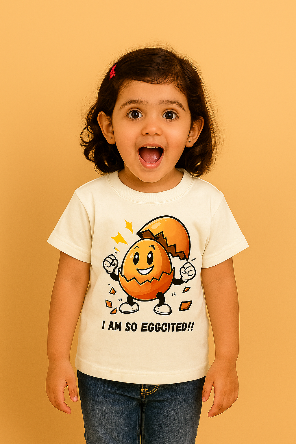 Child wearing a t-shirt with an egg print and cartoon character on a beige background