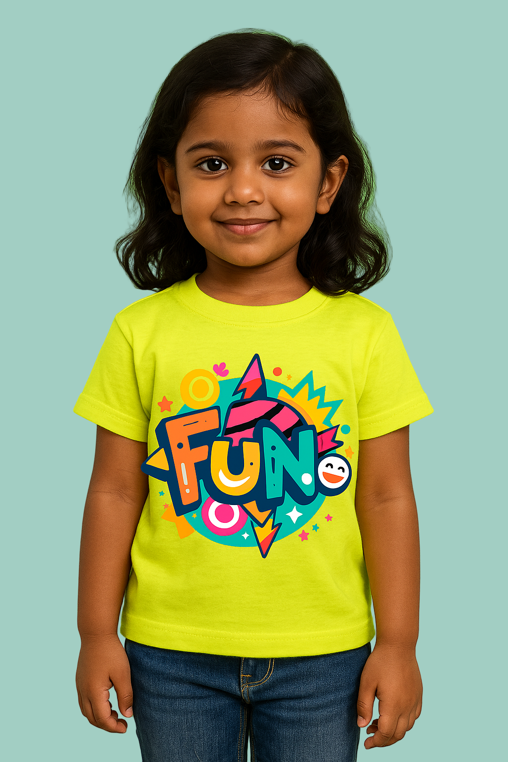 Child wearing a bright yellow t-shirt with colorful 'FUN' design on a green background